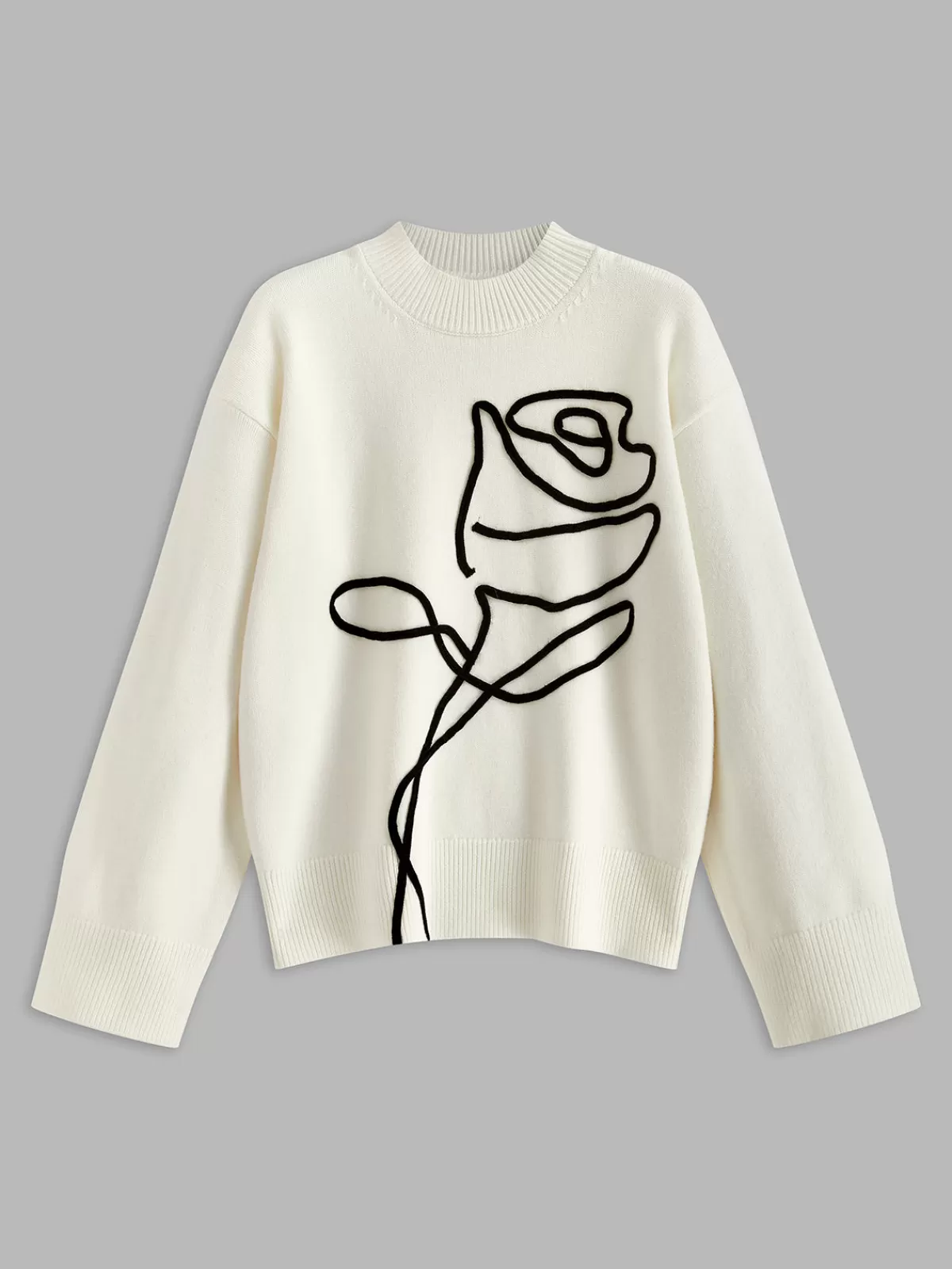 COMMENSE Knit-Floral Pullover Sweater White Hot