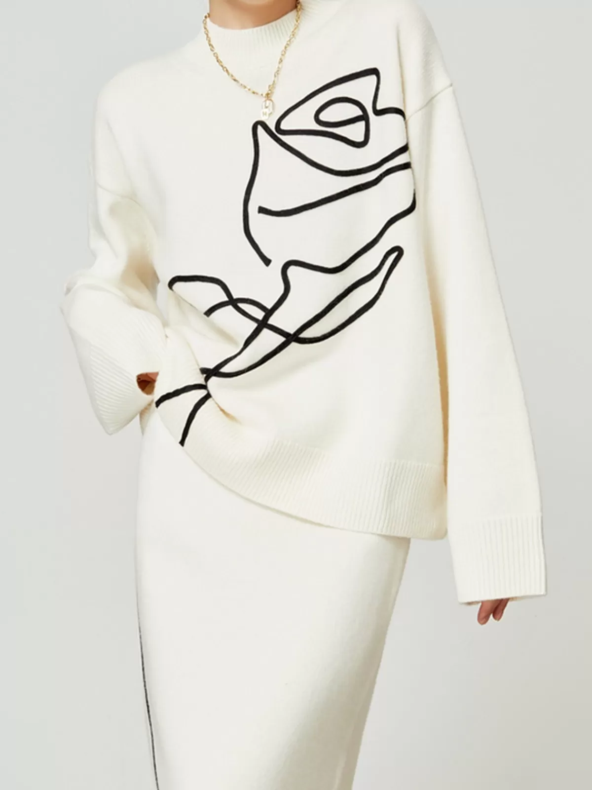 COMMENSE Knit-Floral Pullover Sweater White Hot