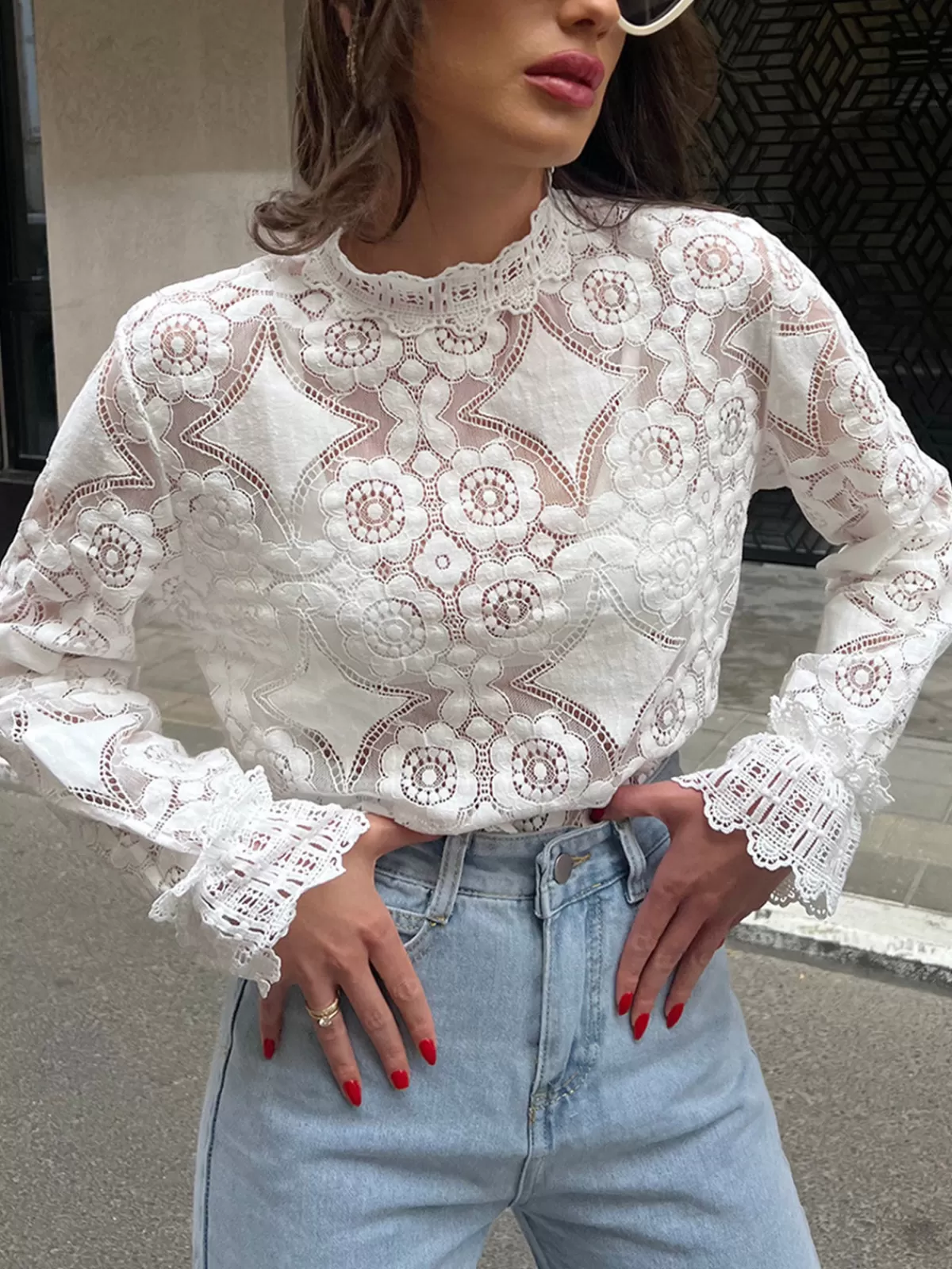 COMMENSE Lace Embroidery Floral Mock Neck Blouse White Best Sale