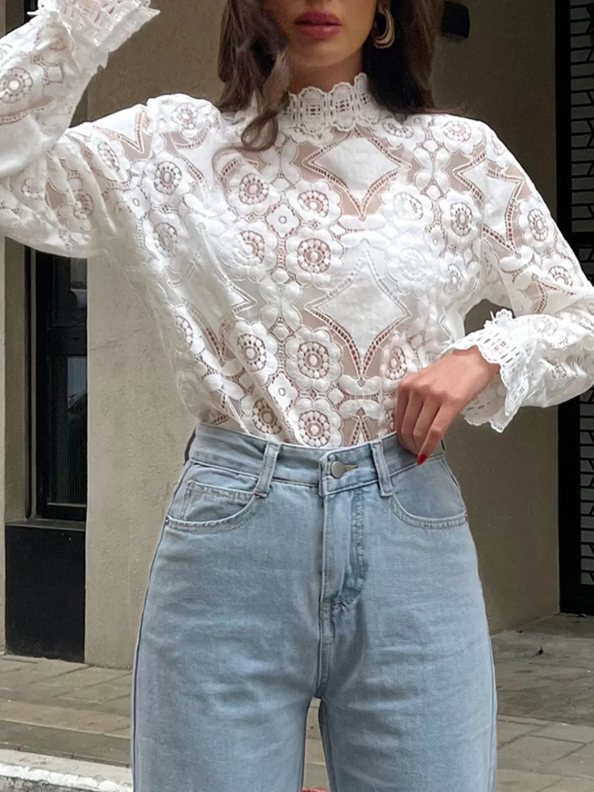 COMMENSE Lace Embroidery Floral Mock Neck Blouse White Best Sale