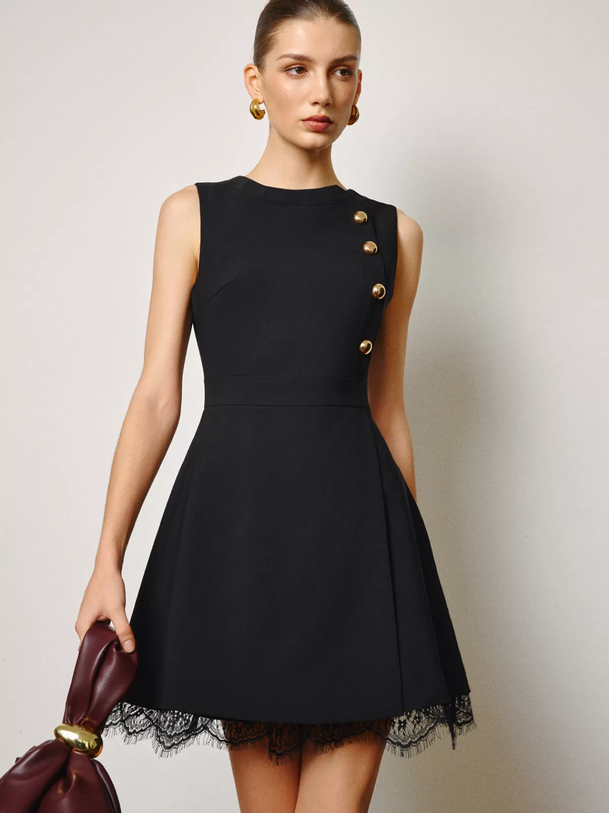 COMMENSE Lace Hem Metal-Detail Tank Dress Black Cheap