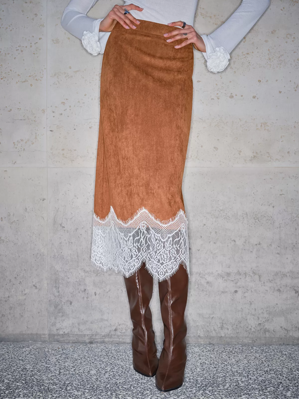 COMMENSE Lace Hem Suede Skirt Brown Outlet