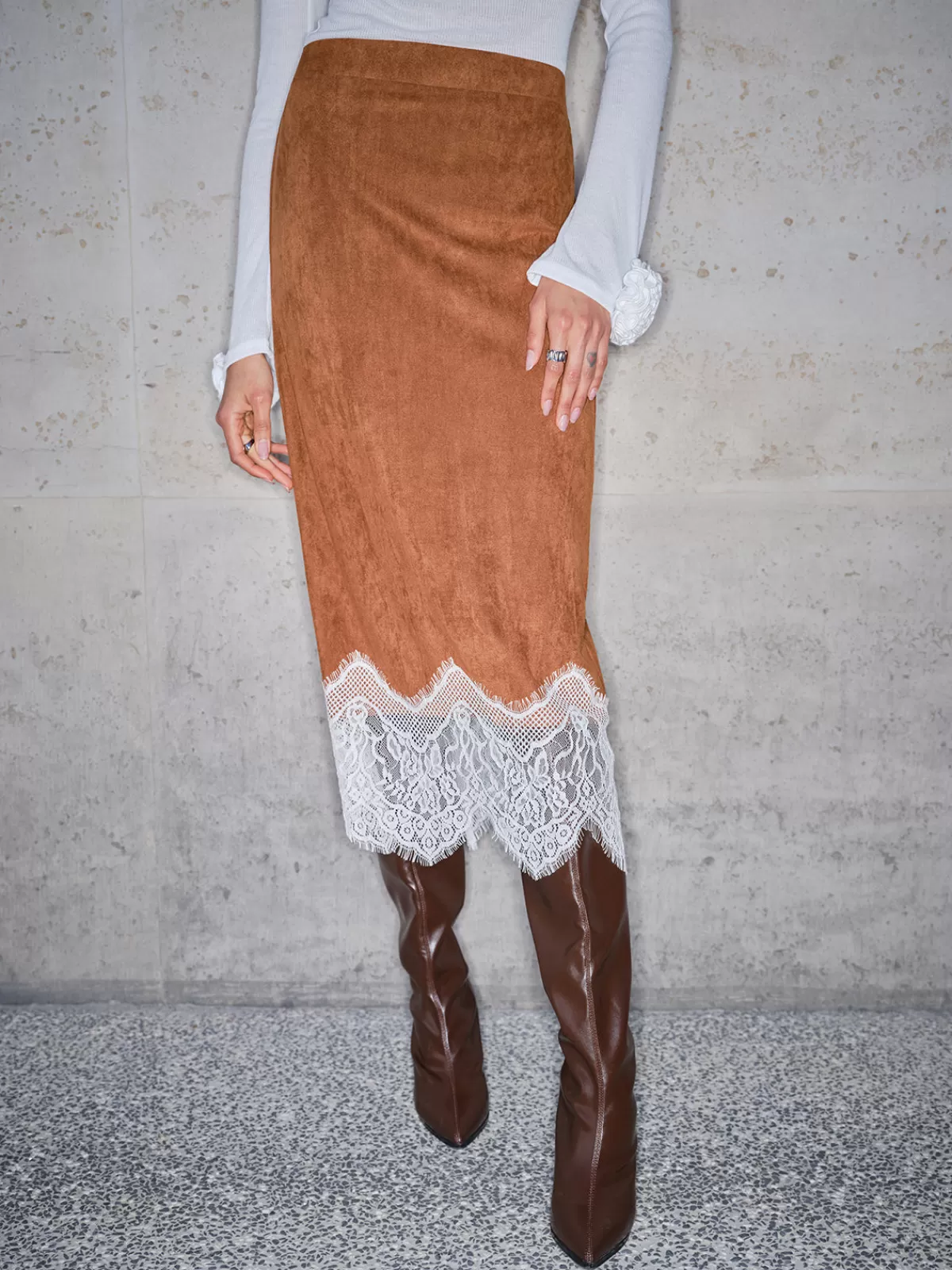 COMMENSE Lace Hem Suede Skirt Brown Outlet