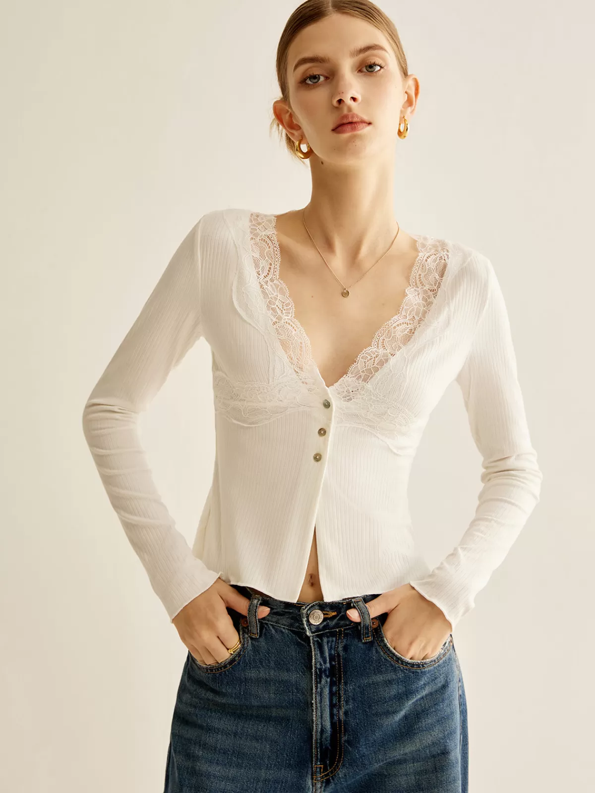 COMMENSE Lace Panel V-Neck Blouse White Sale