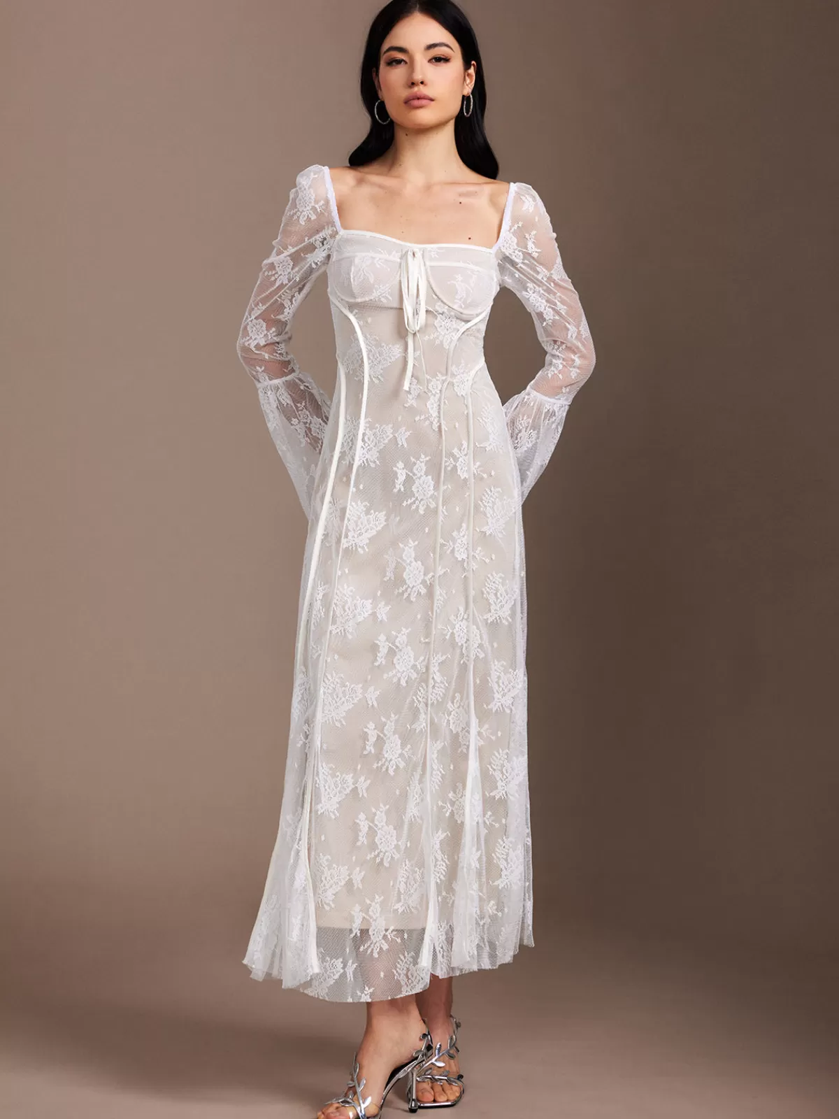 COMMENSE Lace Ruffle Flowy Dress White Sale