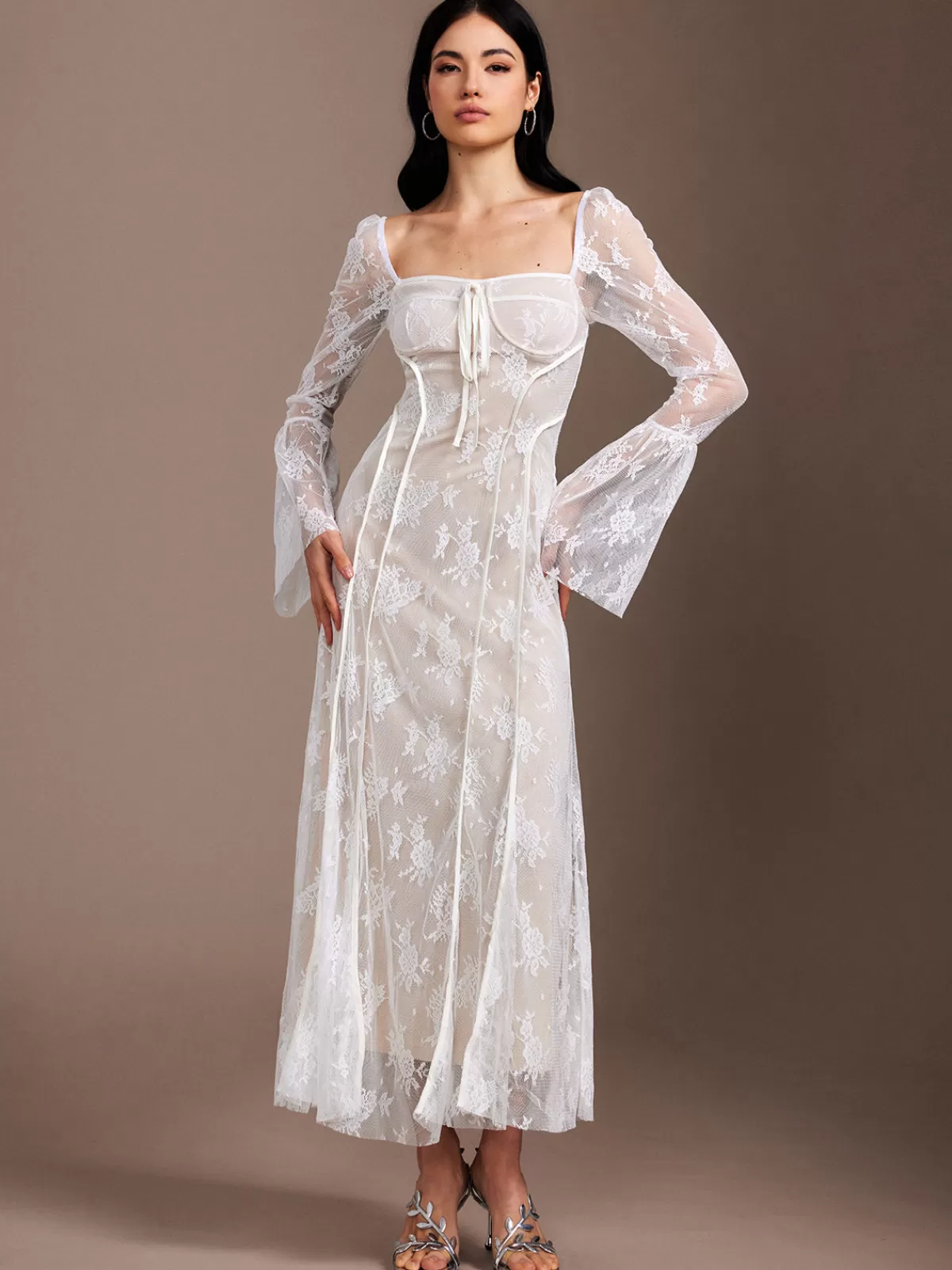 COMMENSE Lace Ruffle Flowy Dress White Sale