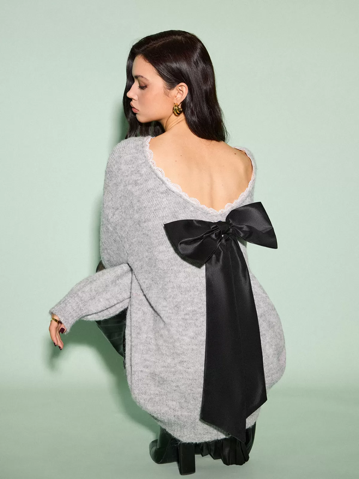 COMMENSE Lace Trim Bow-Decor Draped Sweater Grey New
