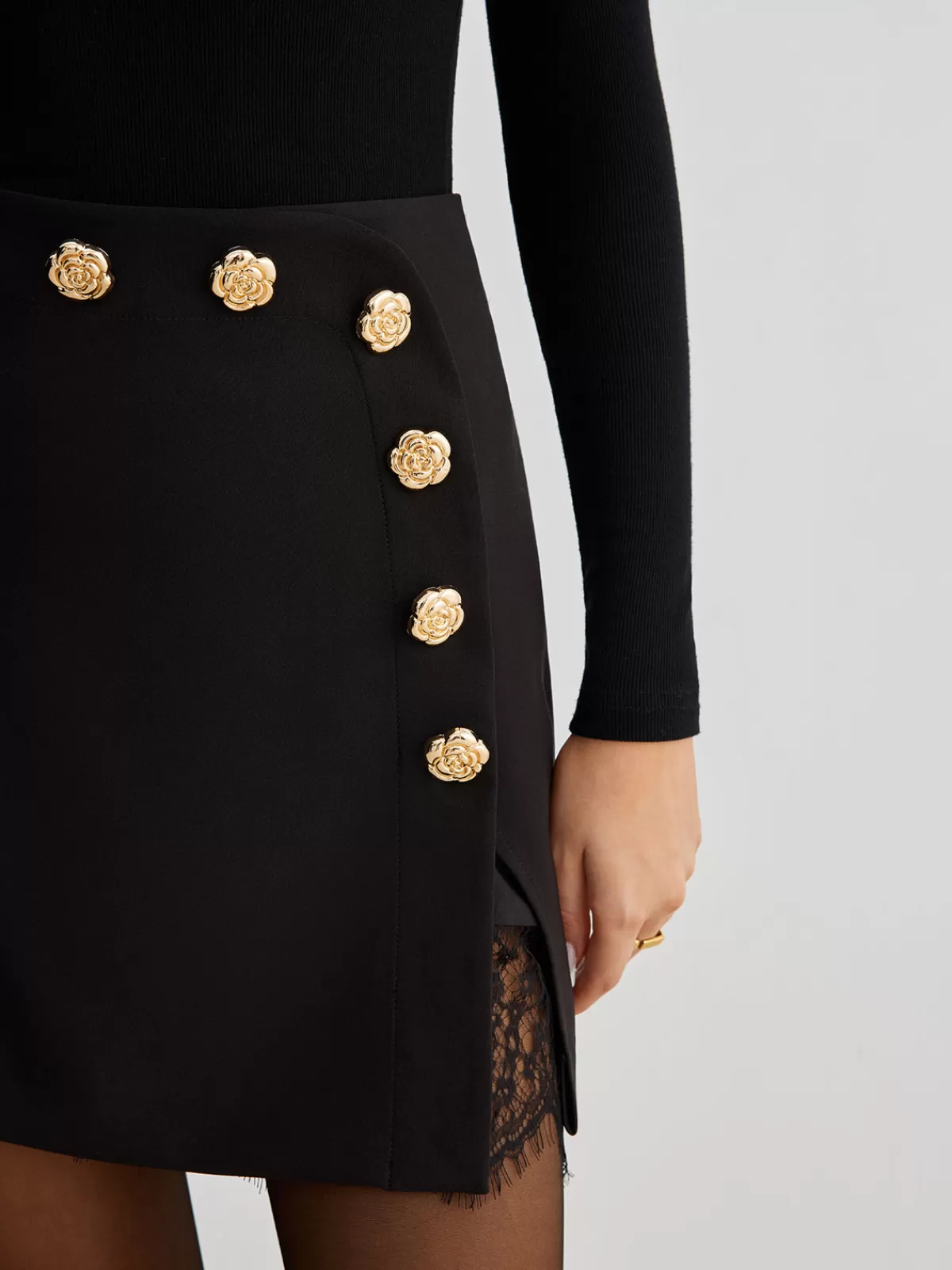 COMMENSE Lace Trim Metal-Flower Zipper Skirt Black Sale