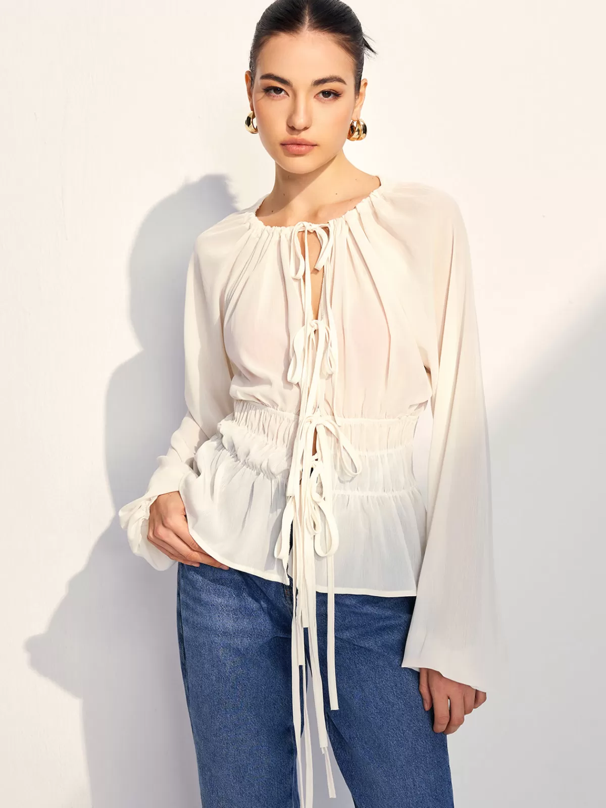 COMMENSE Lace Up Pleated Chiffon Shirt White Clearance