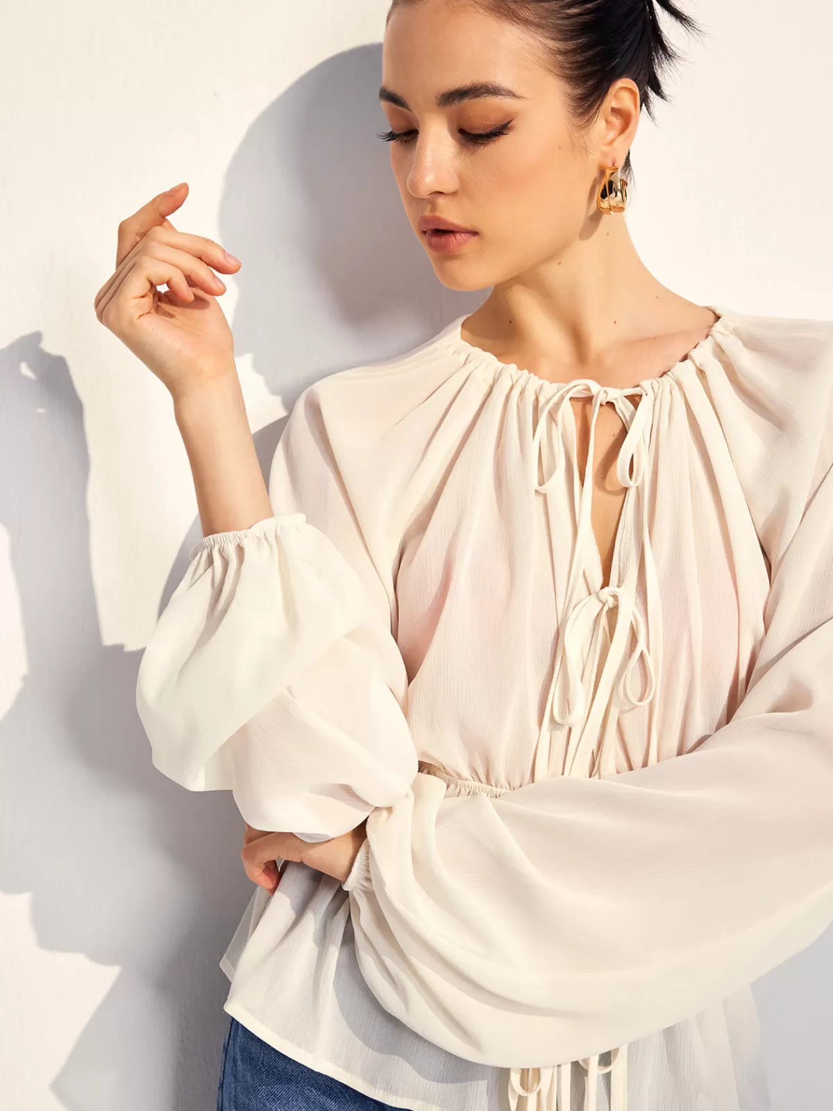 COMMENSE Lace Up Pleated Chiffon Shirt White Clearance