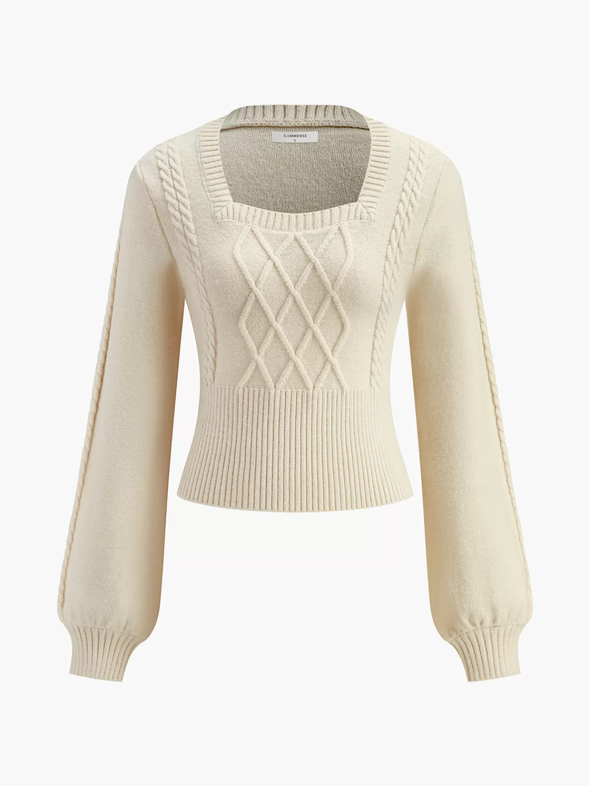 COMMENSE Lantern Sleeve Cinched Waist Twist Sweater Apricot Sale