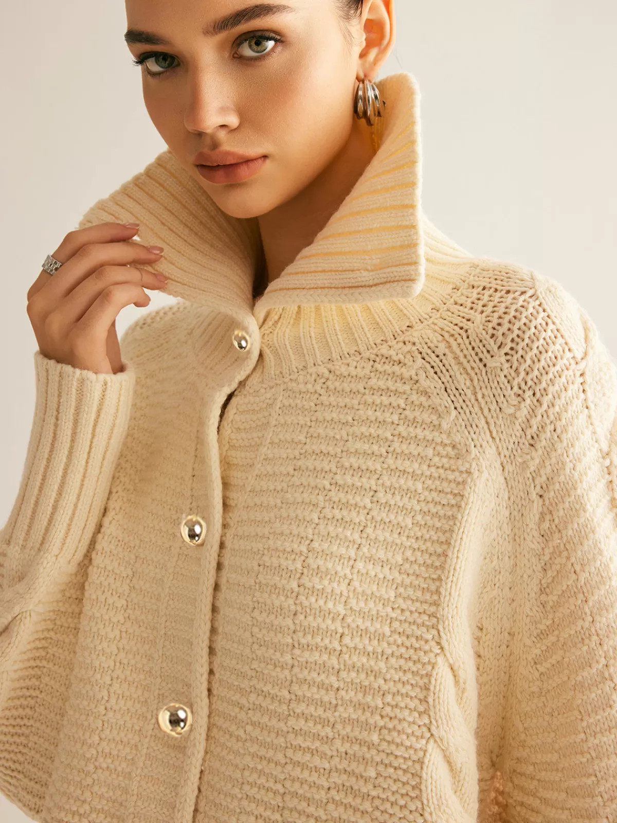 COMMENSE Lapel Breasted Cable-Knit Cardigan Apricot Clearance