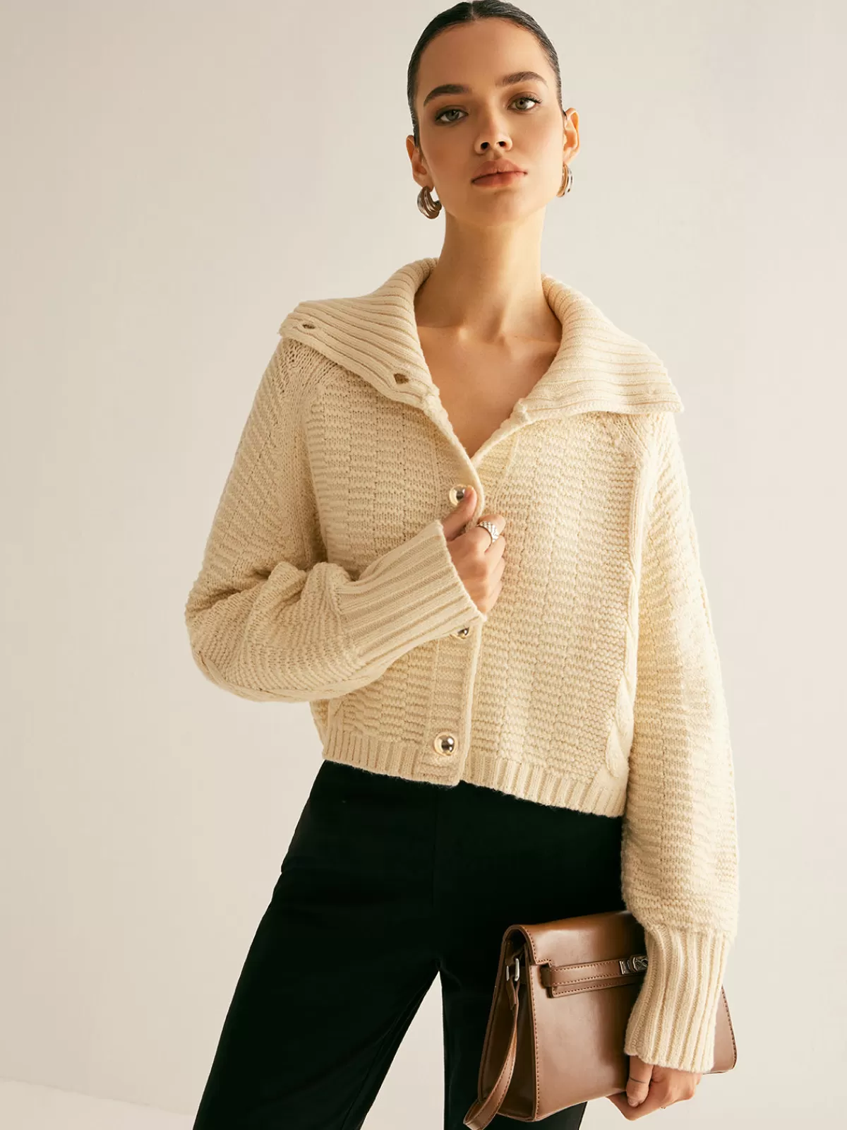COMMENSE Lapel Breasted Cable-Knit Cardigan Apricot Clearance