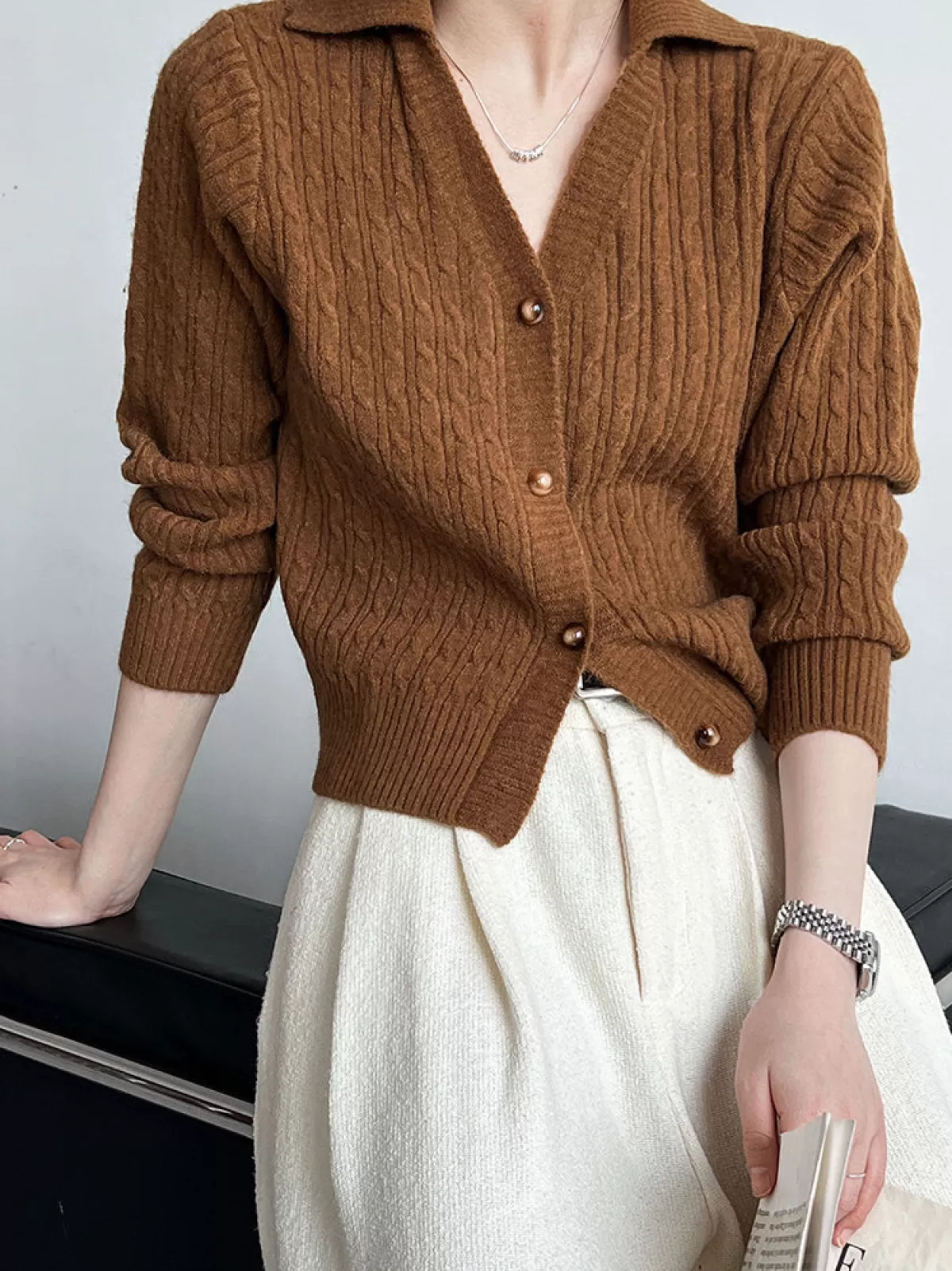 COMMENSE Lapel Button Short Cardigan Brown Cheap