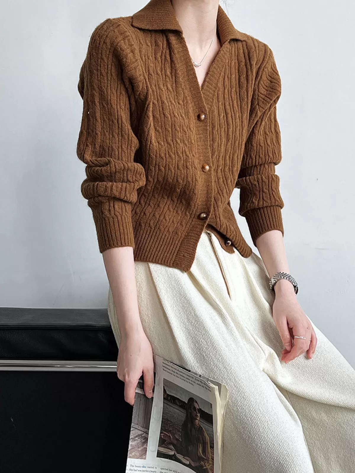 COMMENSE Lapel Button Short Cardigan Brown Cheap