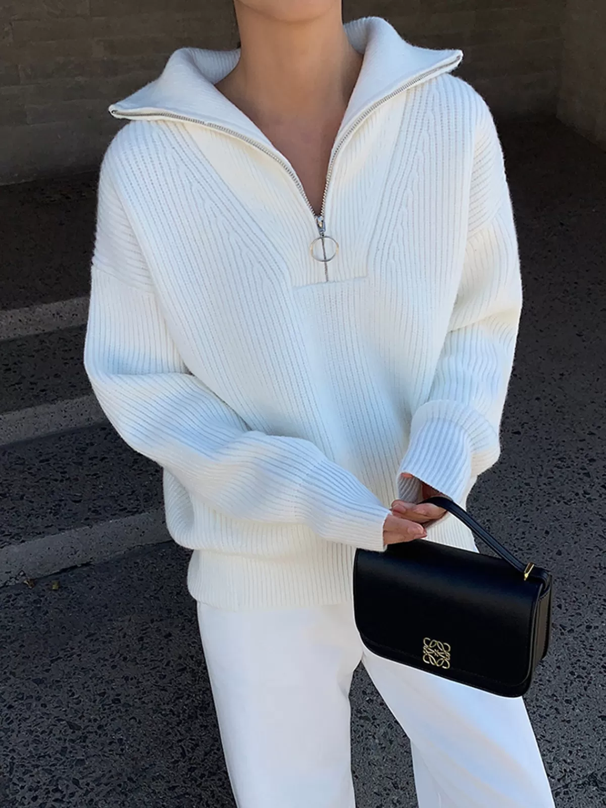 COMMENSE Lapel Half-Zipper Ribbed Sweater White Discount