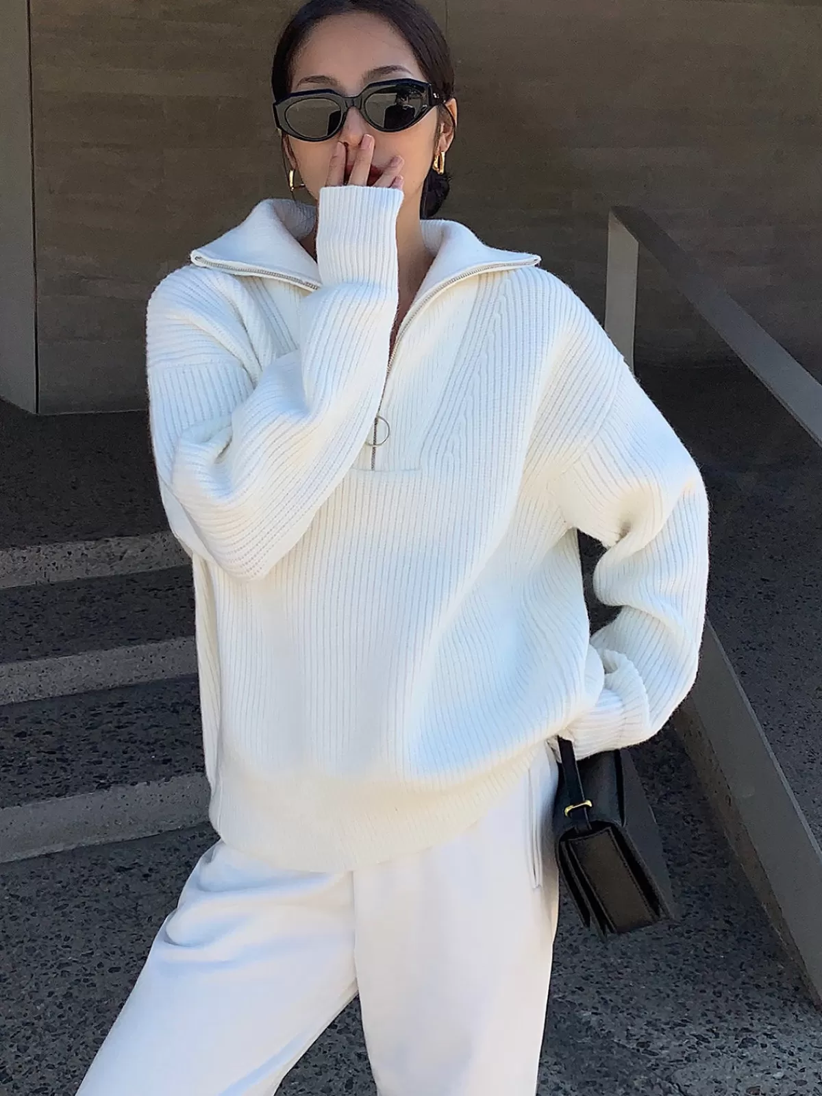 COMMENSE Lapel Half-Zipper Ribbed Sweater White Discount