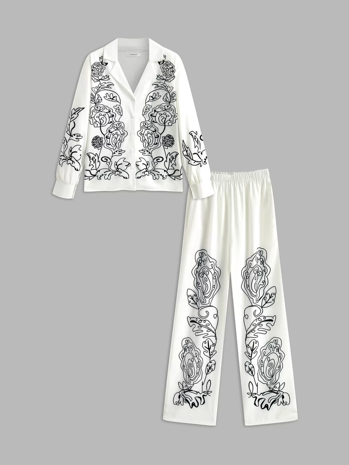 COMMENSE Lapel Printed Elastic Waist Pants Set BlackandWhite Cheap