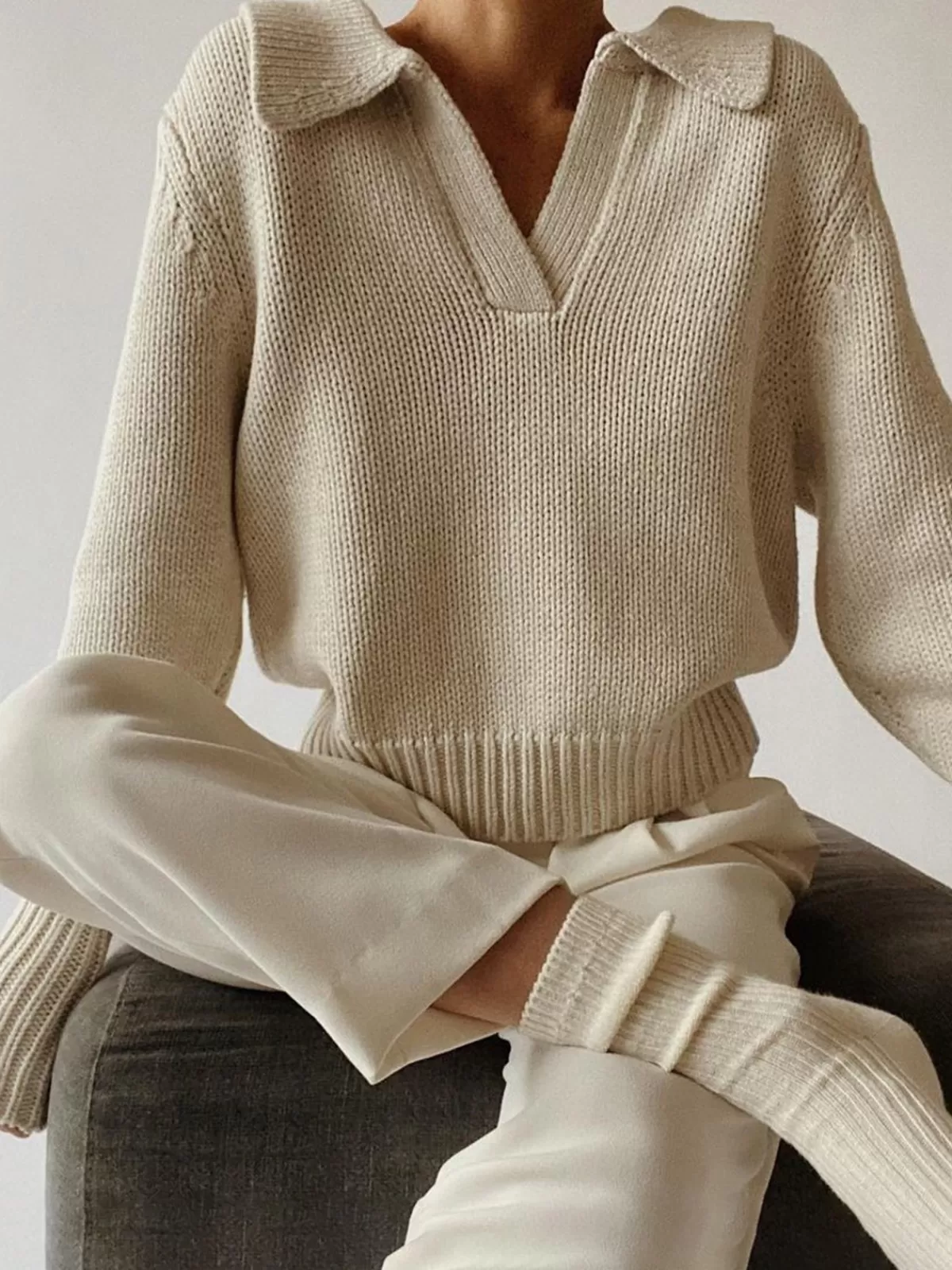 COMMENSE Lapel Ribbed Pullover Sweater Apricot Discount