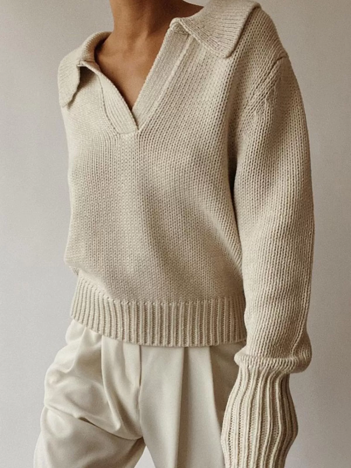 COMMENSE Lapel Ribbed Pullover Sweater Apricot Discount