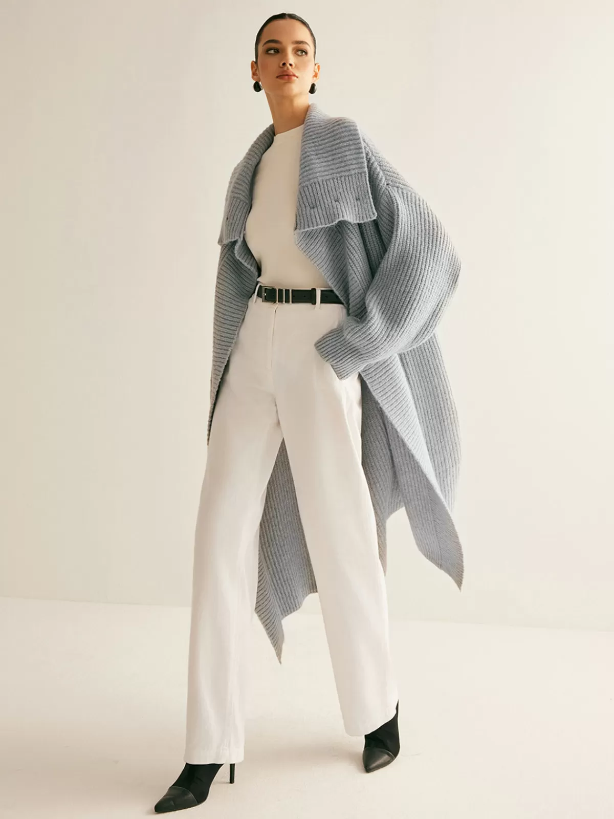 COMMENSE Lapel Scarf Ribbed Long Cardigan LightGrey Cheap