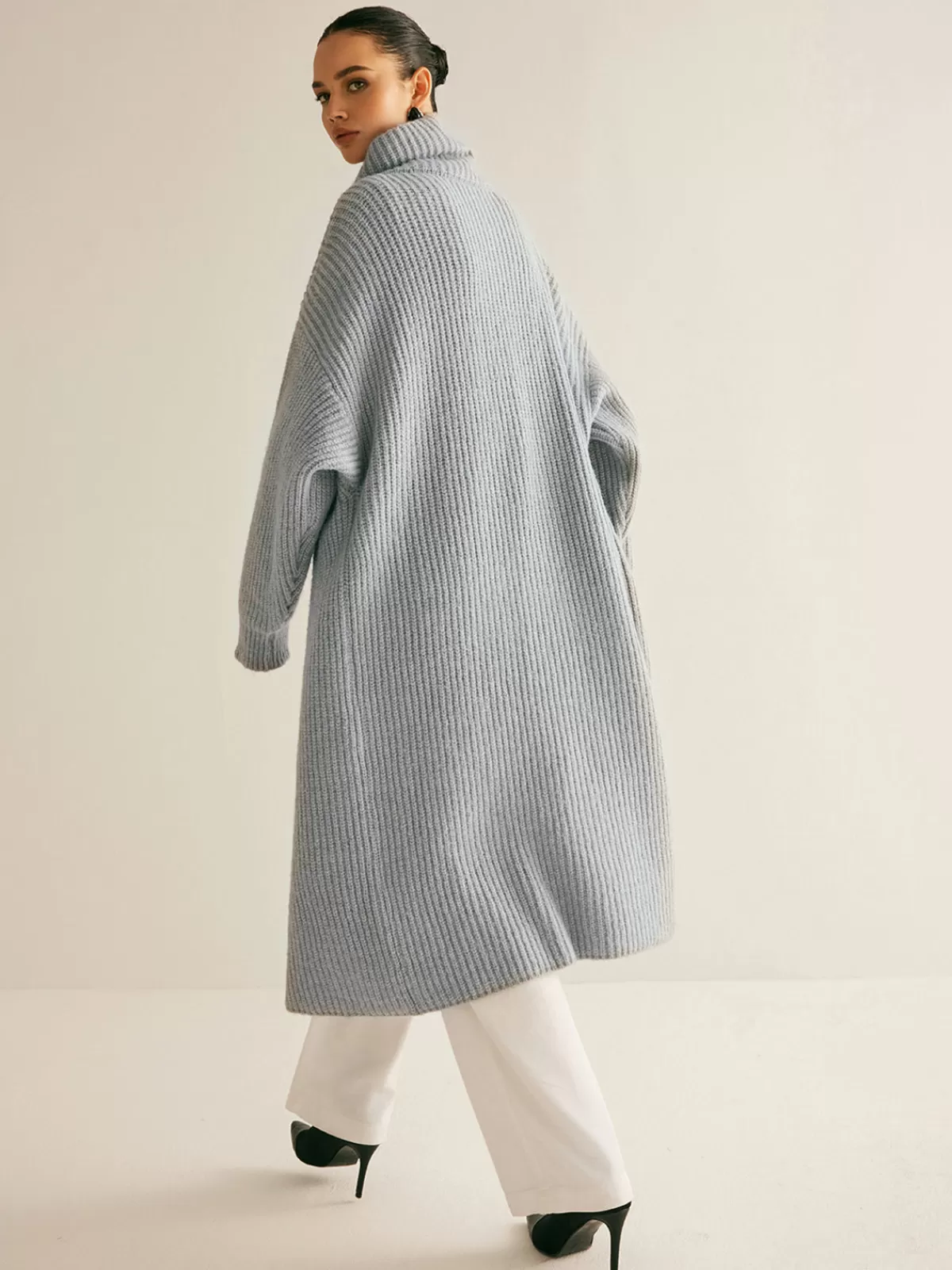 COMMENSE Lapel Scarf Ribbed Long Cardigan LightGrey Cheap