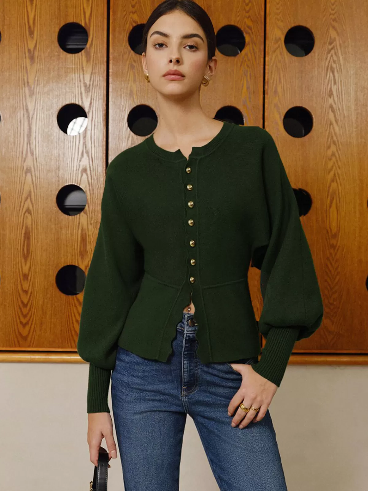 COMMENSE Leg-Of Mutton Sleeve Wave Trim Knit Top ArmyGreen New