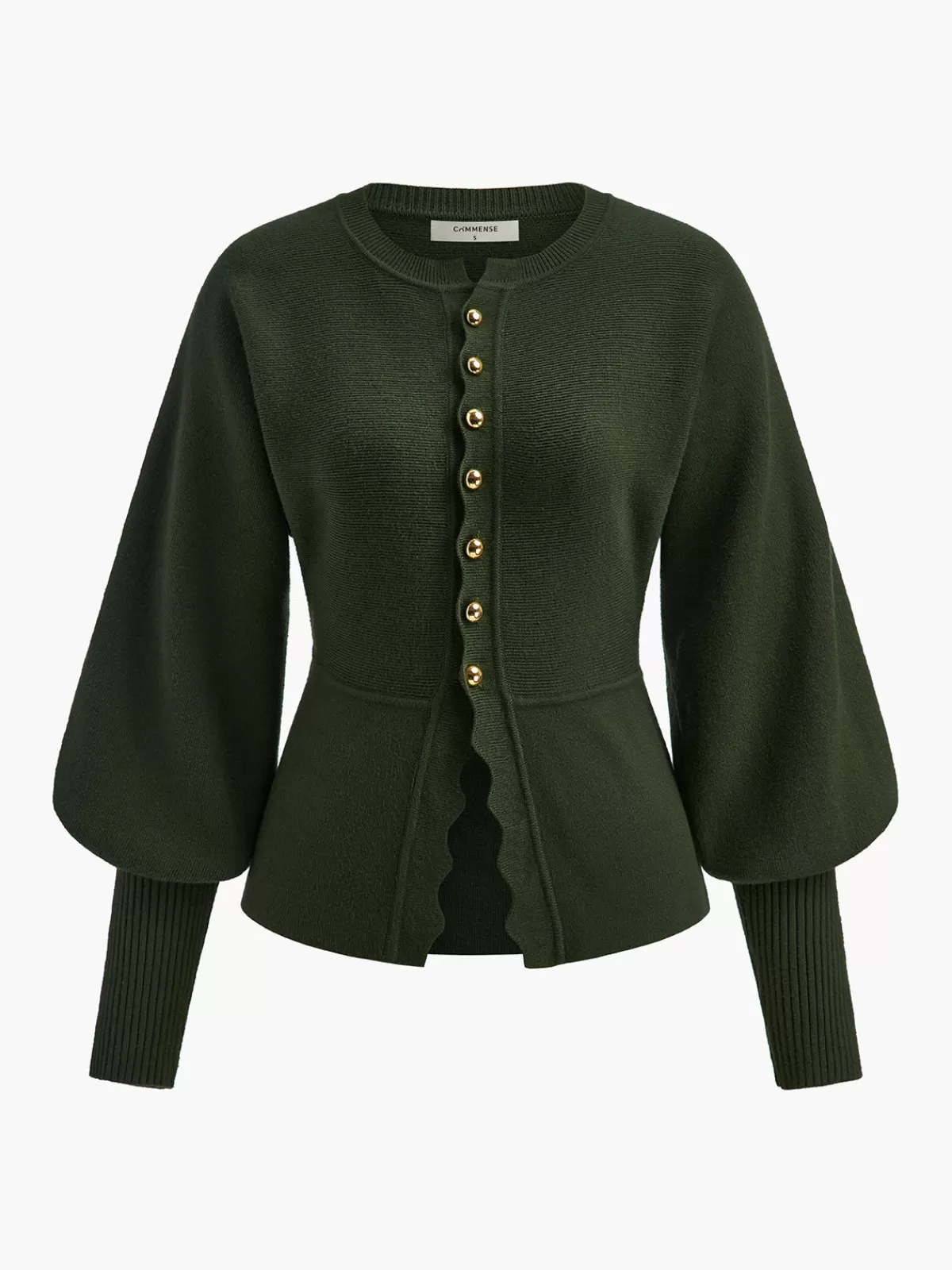 COMMENSE Leg-Of Mutton Sleeve Wave Trim Knit Top ArmyGreen New