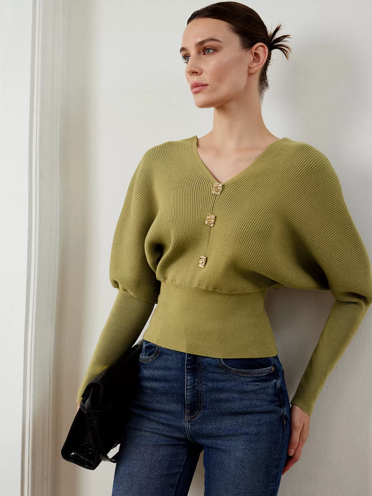 COMMENSE Leg-Of-Mutton Sleeve Cinched Sweater ArmyGreen Cheap