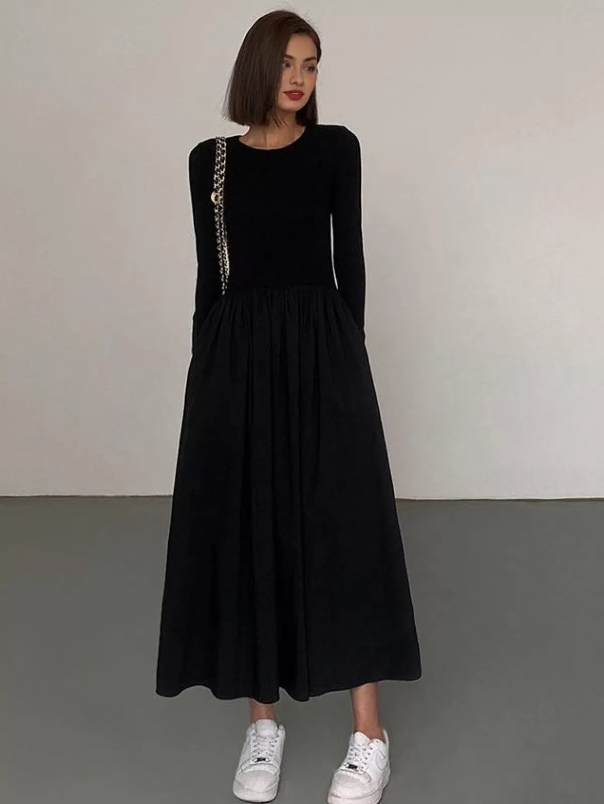 COMMENSE Leisure Pockets Long Sleeve Long Dress Black Cheap