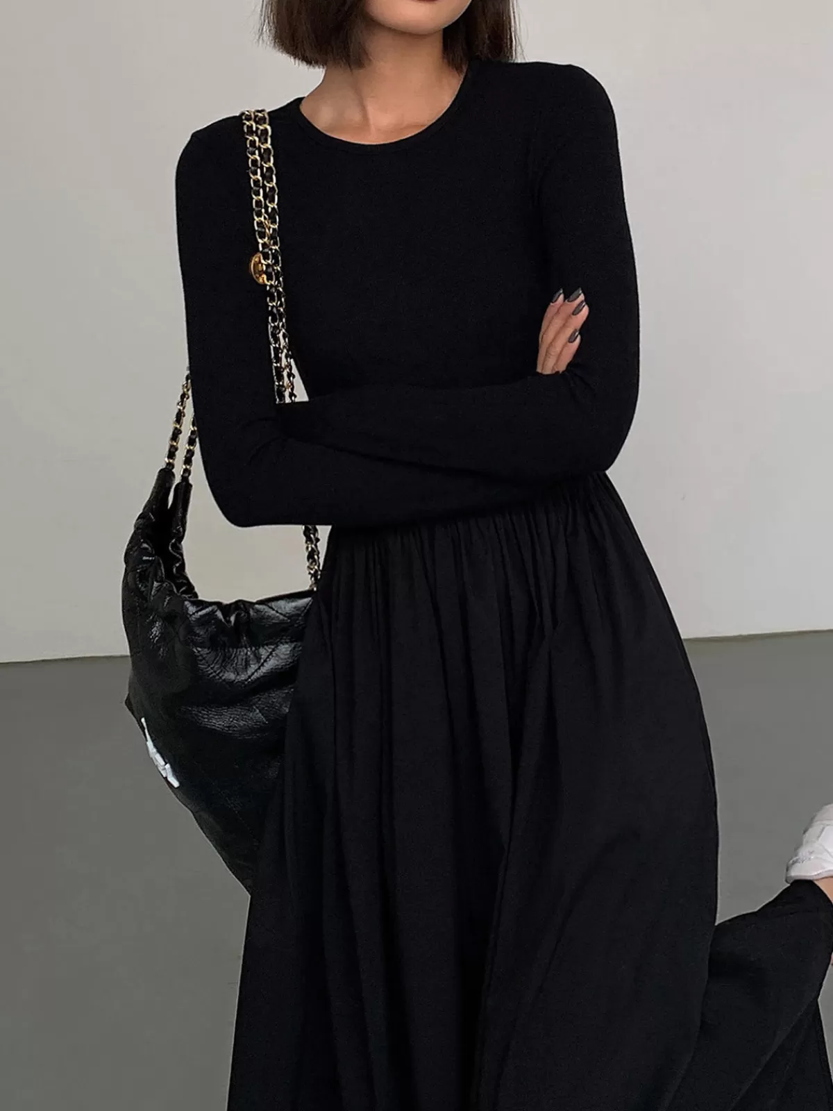 COMMENSE Leisure Pockets Long Sleeve Long Dress Black Cheap