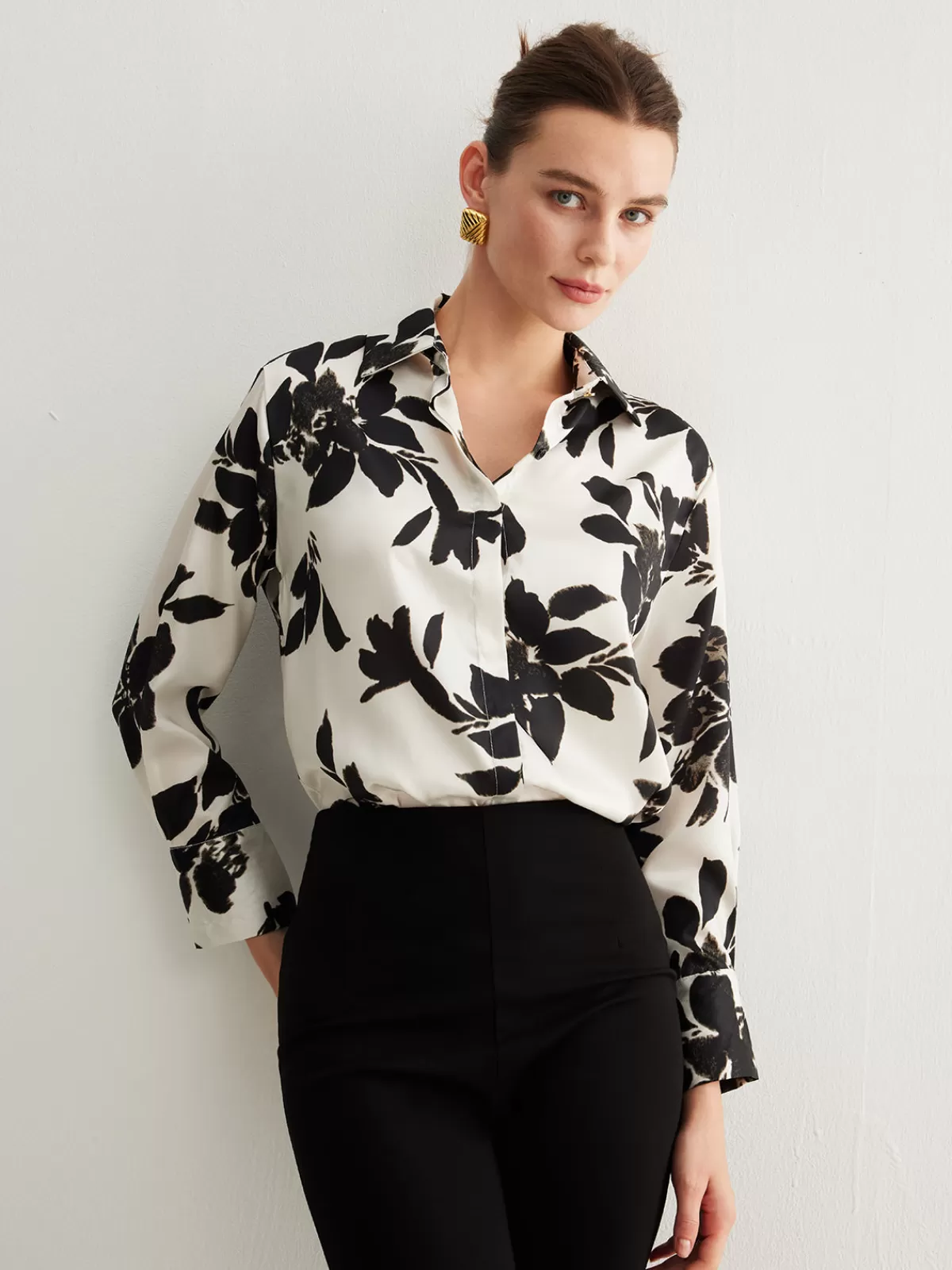 COMMENSE Leisure Printed Lapel Thin Shirt BlackandWhite New