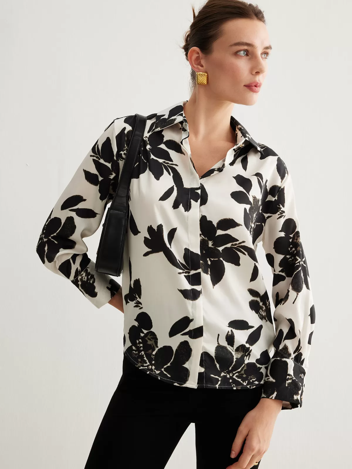 COMMENSE Leisure Printed Lapel Thin Shirt BlackandWhite New