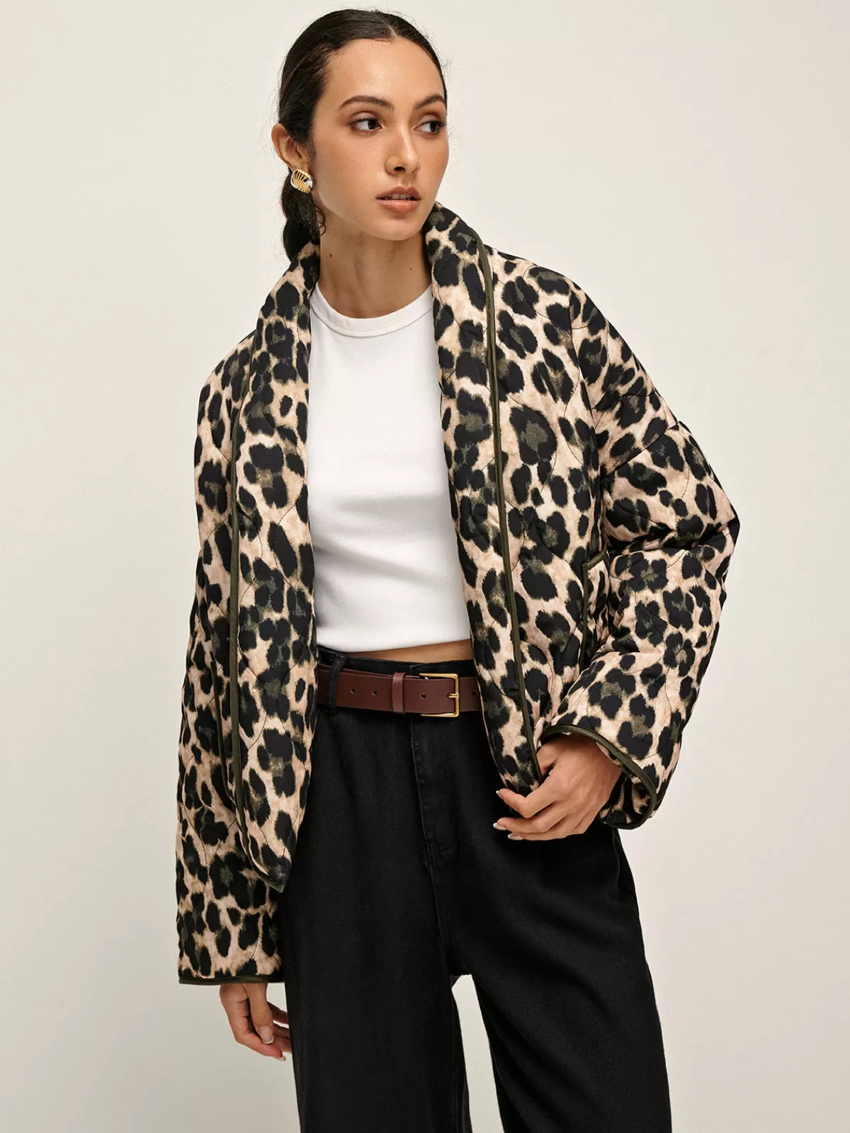 COMMENSE Leopard Printed Lapel Winter Coat Green Best