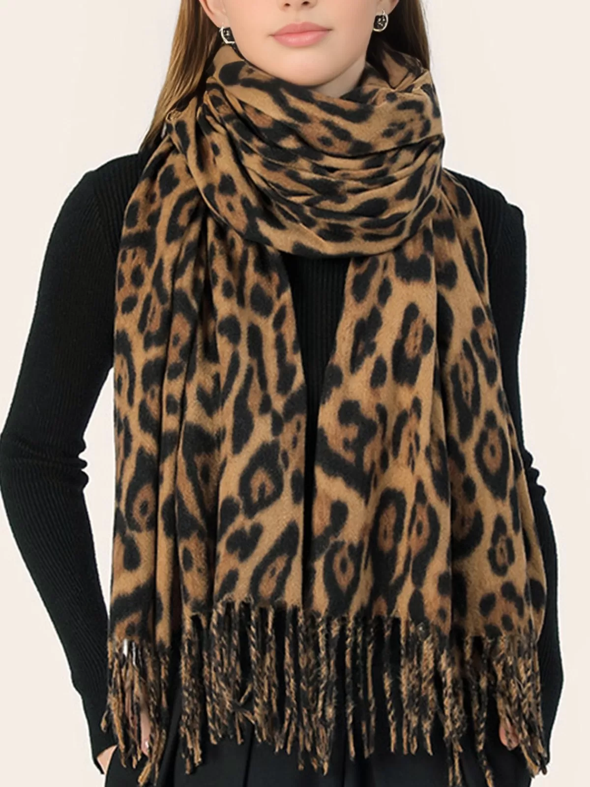 COMMENSE Leopard Printed Tassel Warm Scarf Brown Cheap