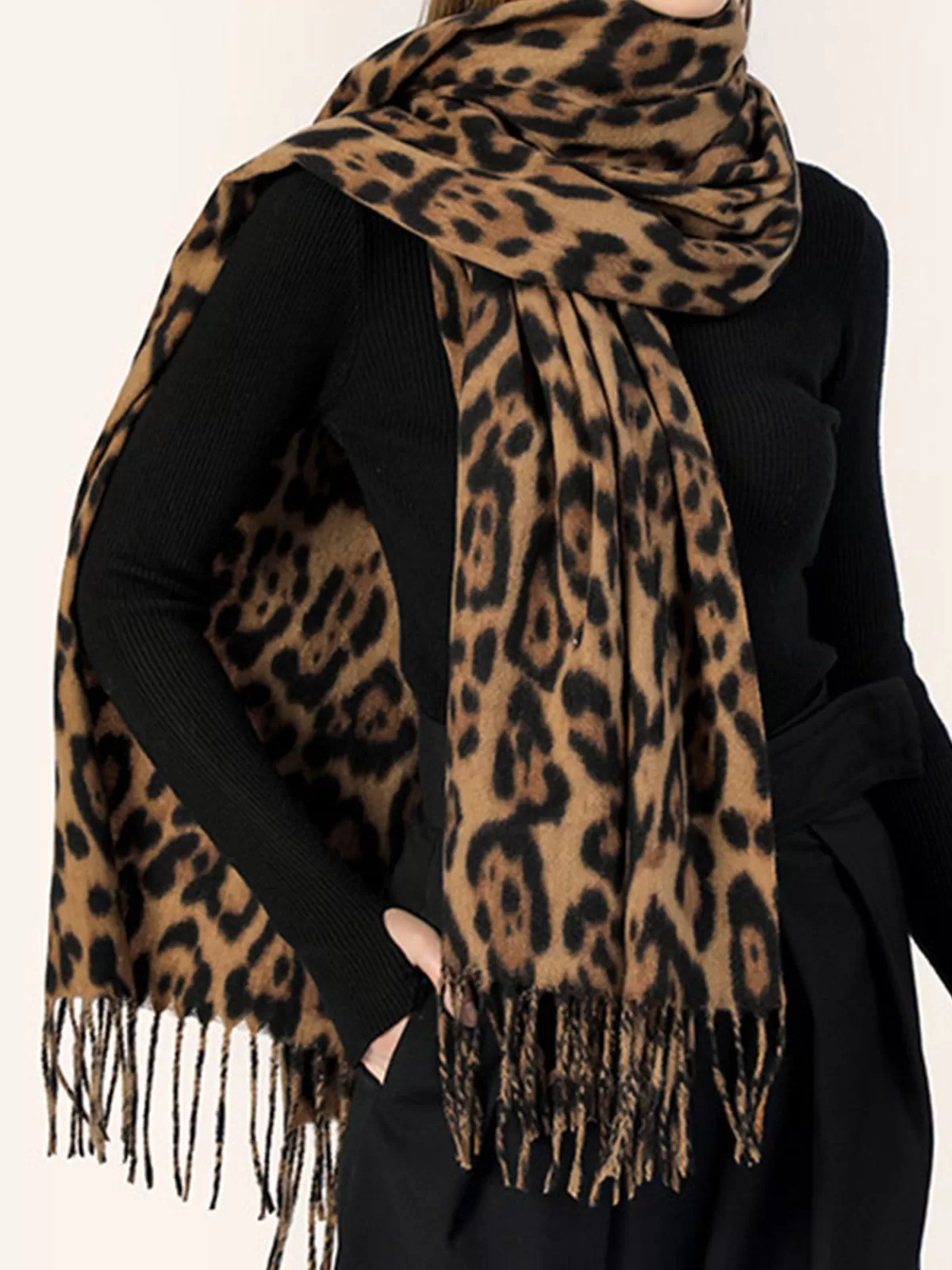 COMMENSE Leopard Printed Tassel Warm Scarf Brown Cheap
