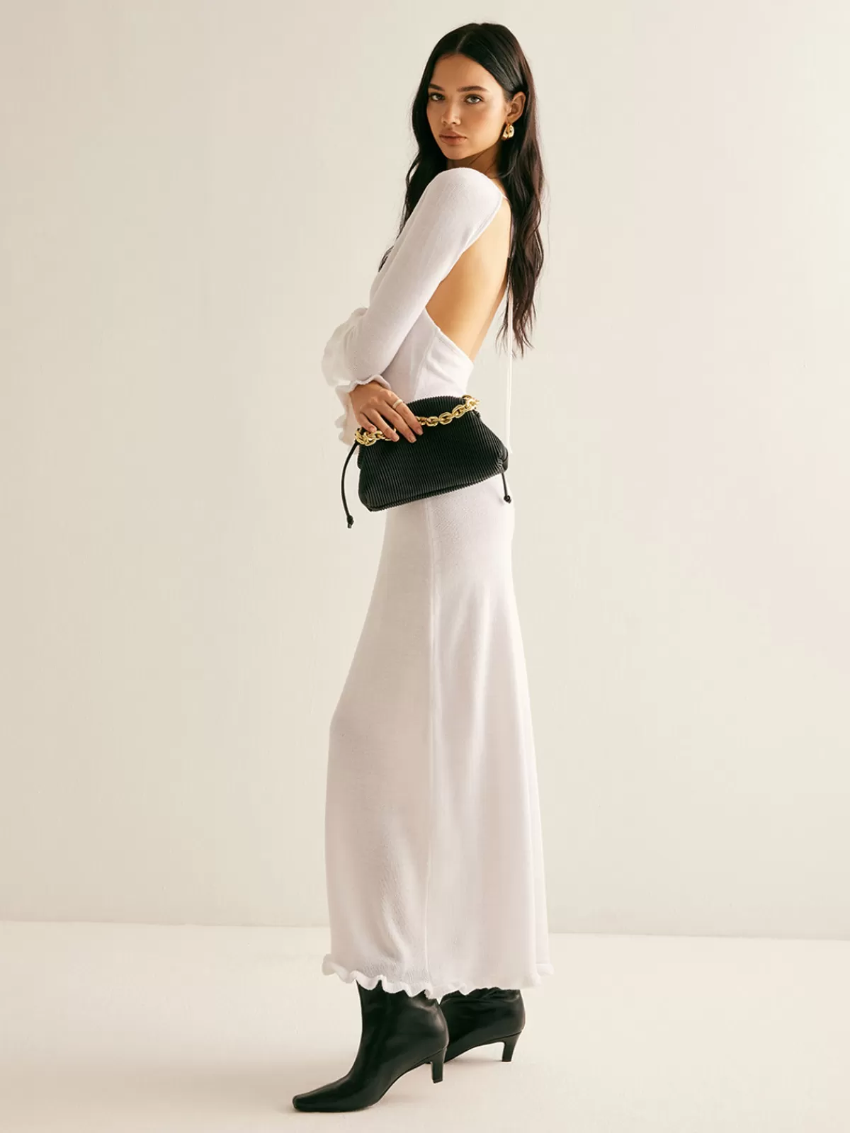 COMMENSE Lettuce Trim Backless Sweater Long Dress White Best Sale