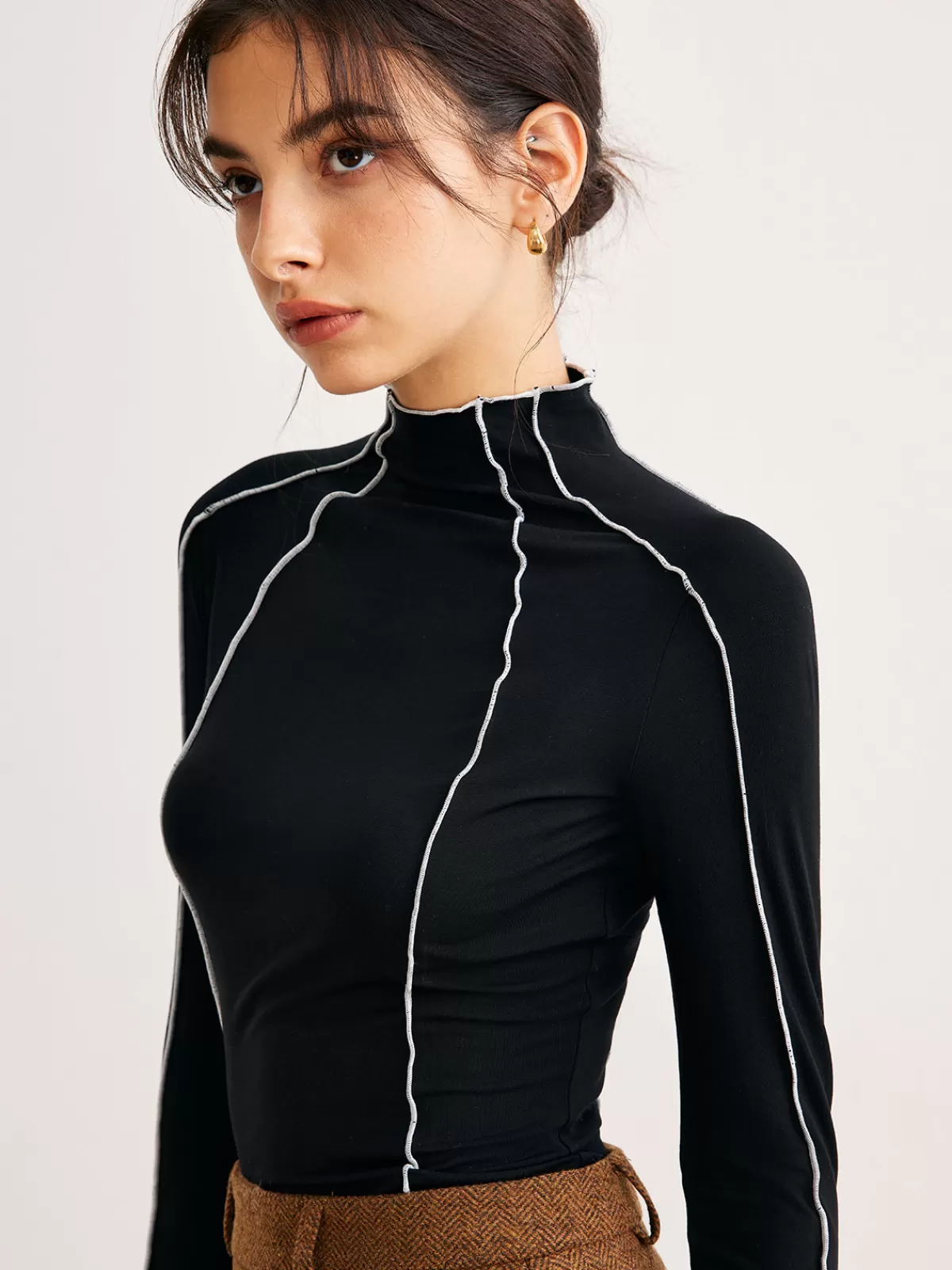 COMMENSE Lettuce Trim Contrast Piping Slim Blouse Black New