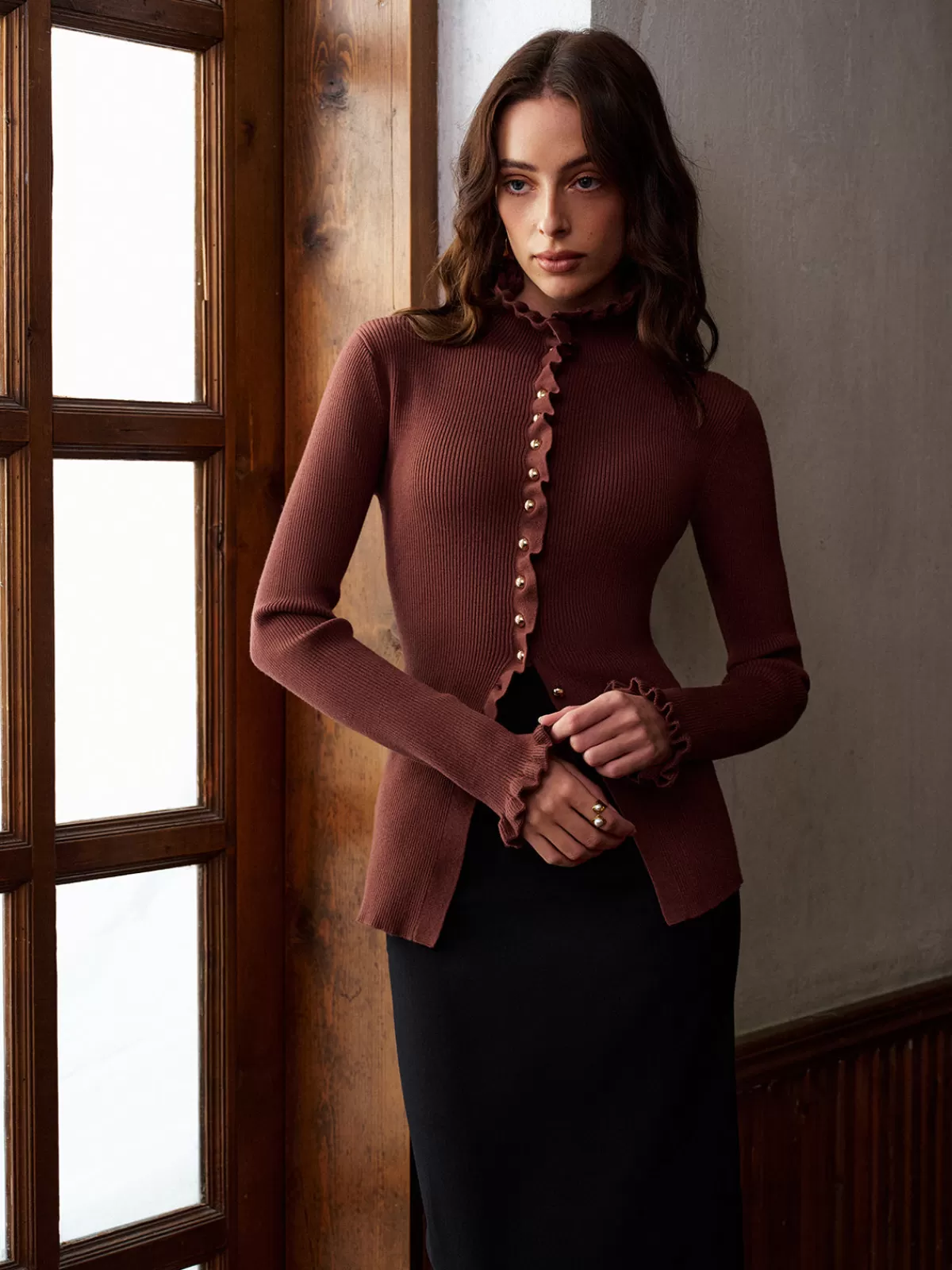 COMMENSE Lettuce Trim Metal-Button Split Cardigan DarkBrown Best