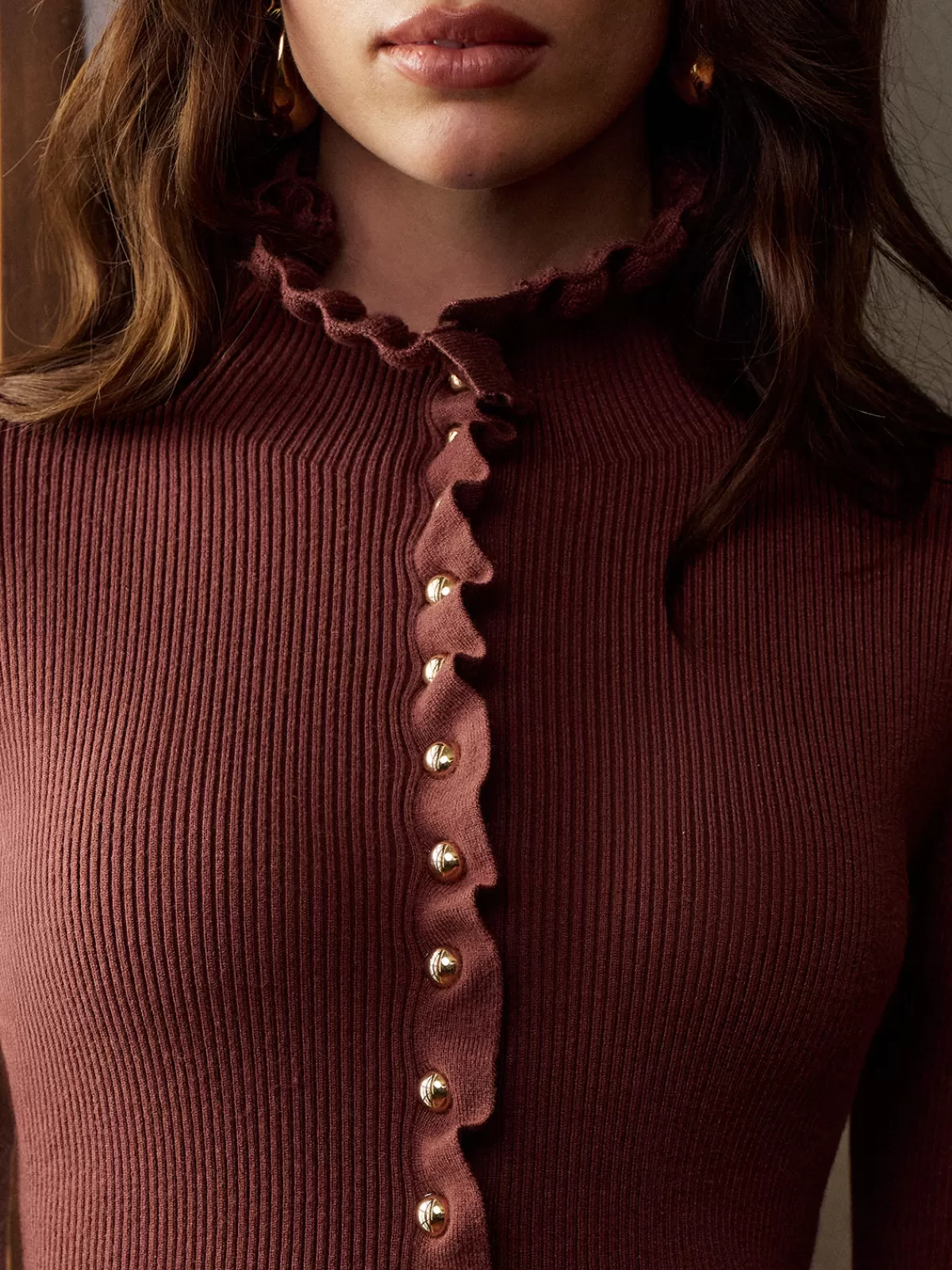 COMMENSE Lettuce Trim Metal-Button Split Cardigan DarkBrown Best