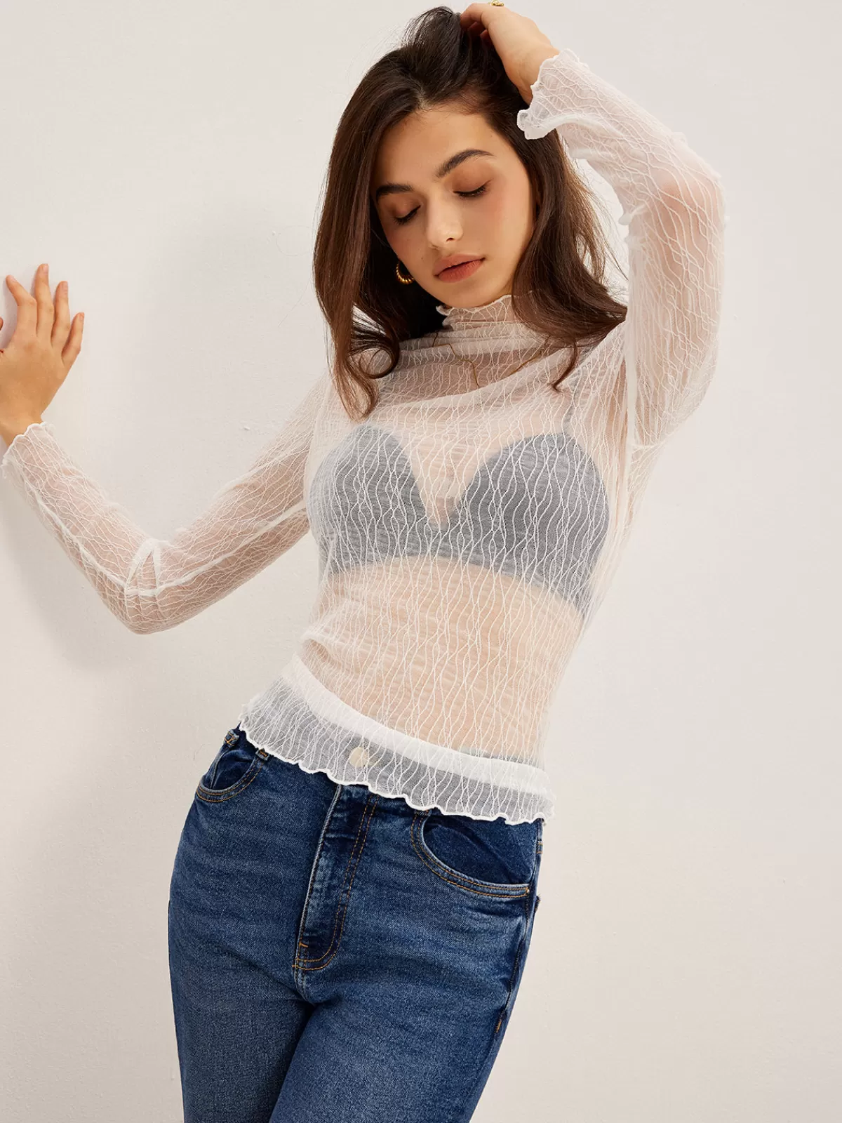 COMMENSE Lettuce Trim Textured Sheer T-Shirt White Cheap