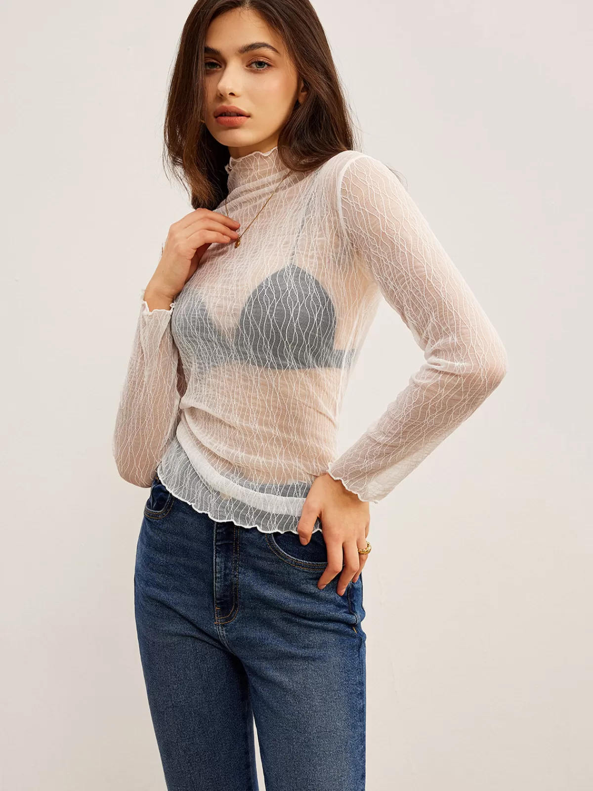 COMMENSE Lettuce Trim Textured Sheer T-Shirt White Cheap