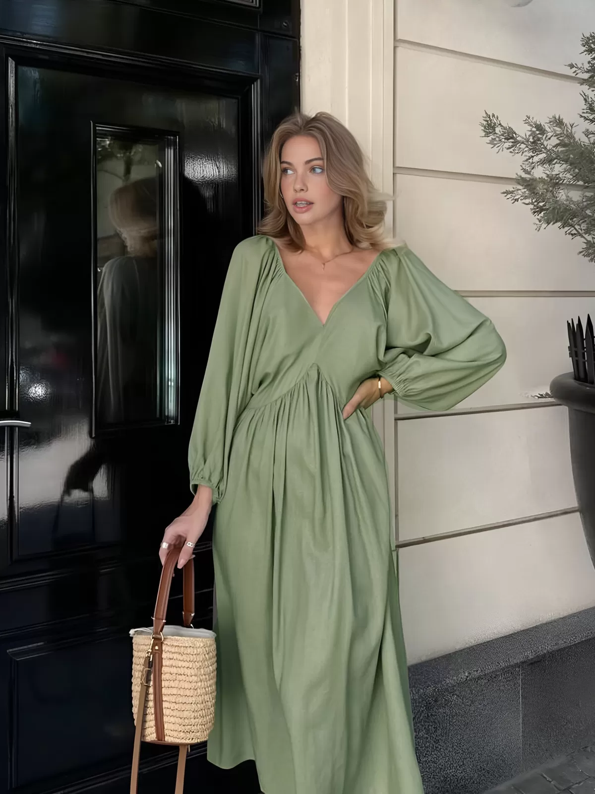 COMMENSE Loose Pleated Tie Back Dress Green Cheap