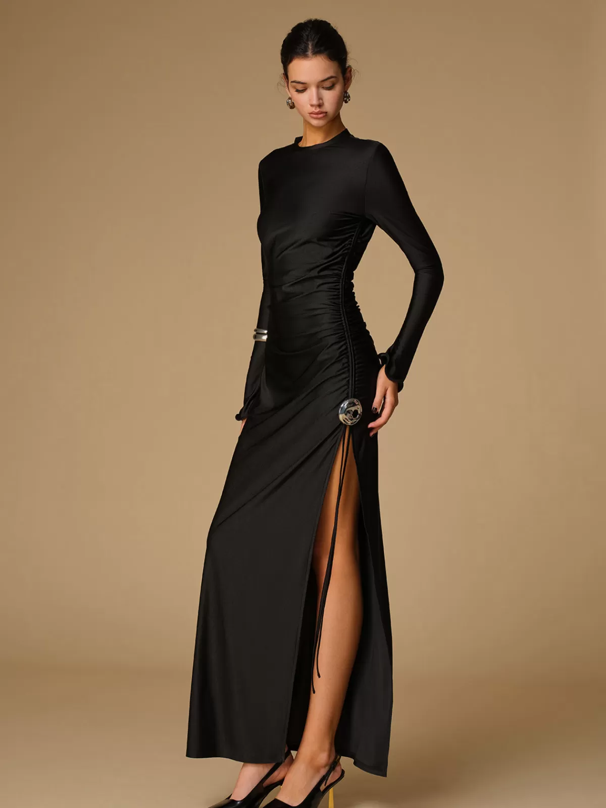 COMMENSE Metal Decor Split Pleated Long Dress Black Discount