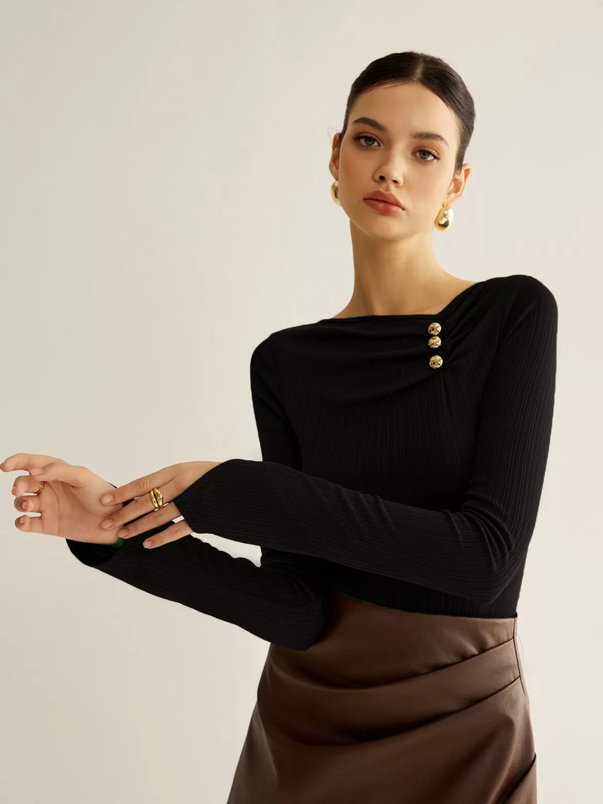 COMMENSE Metal Detail Pleated Blouse Black Best