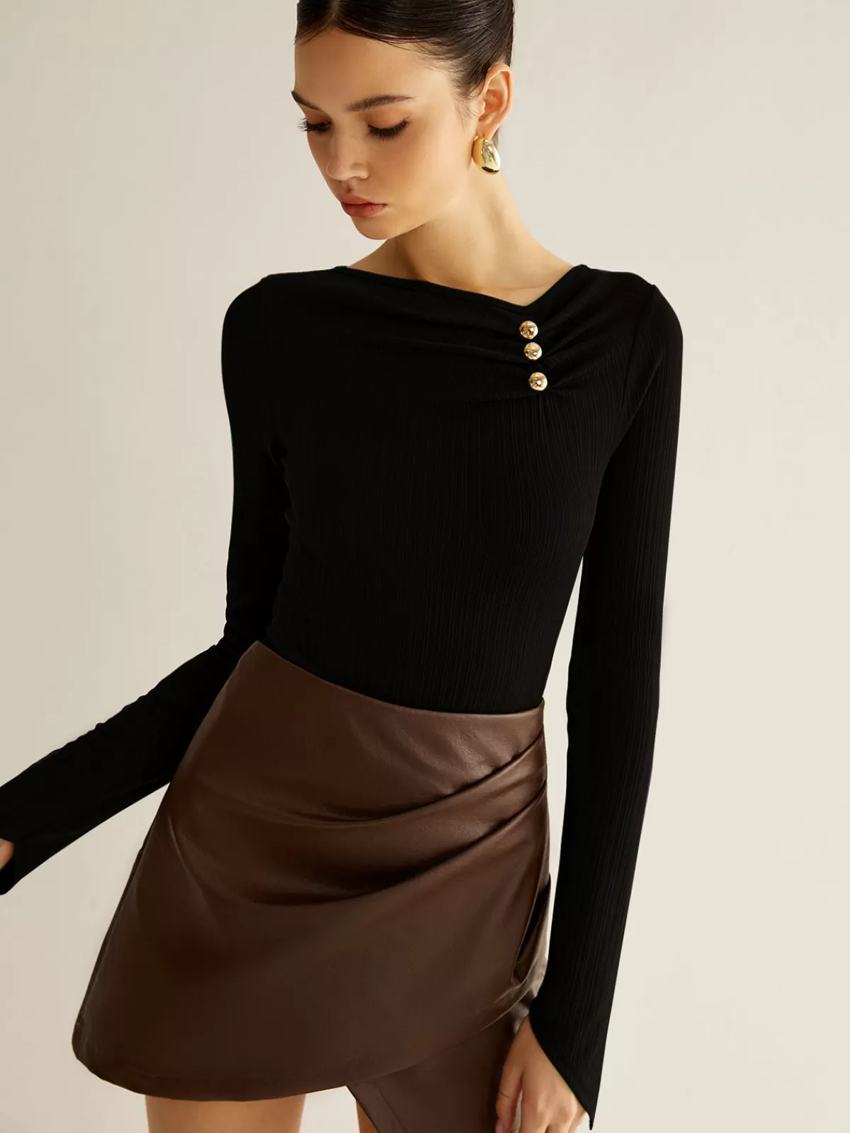 COMMENSE Metal Detail Pleated Blouse Black Best
