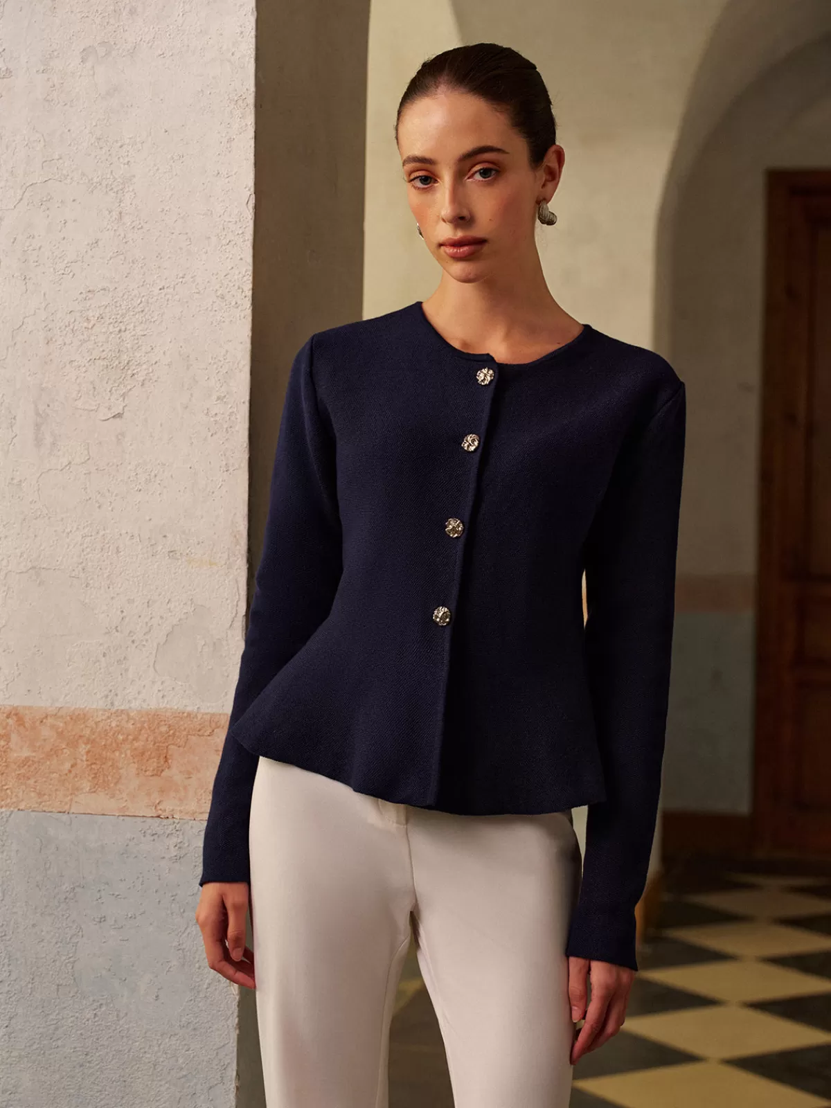 COMMENSE Metal-Button Short Cardigan Navy Outlet