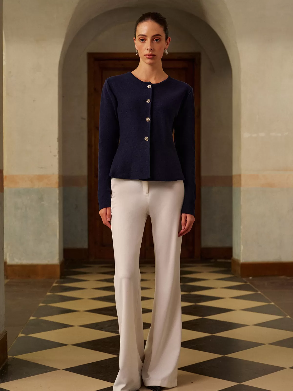 COMMENSE Metal-Button Short Cardigan Navy Outlet