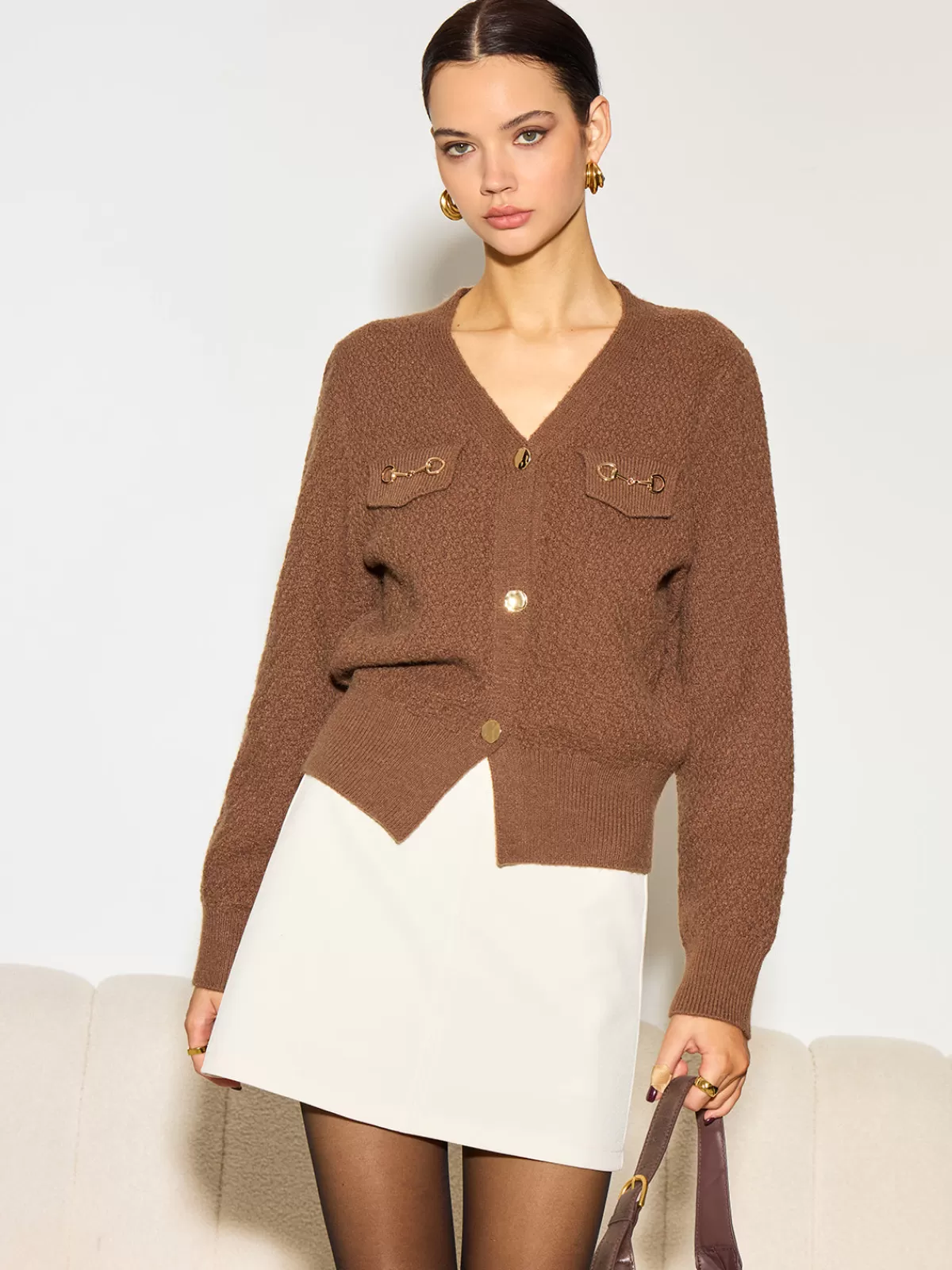 COMMENSE Metal-Detail Button Split Short Cardigan Brown Fashion