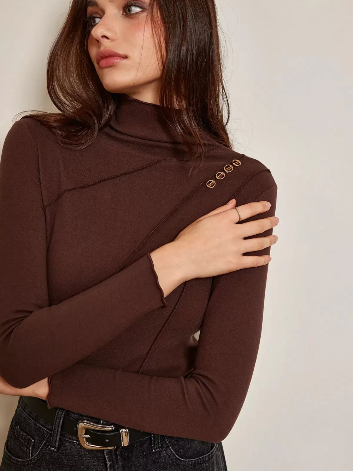 COMMENSE Metal-Detail Piping Jersey Top DarkBrown Fashion